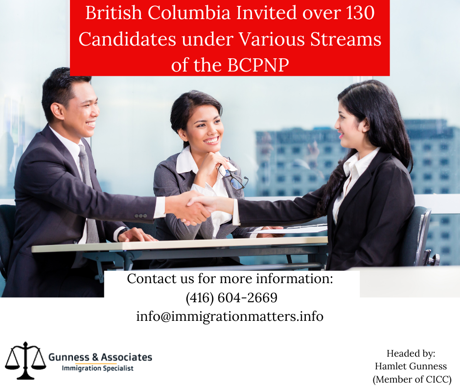 British Columbia Invited over 130 Candidates under Various Streams of the BC PNP On July 5, 2022, British Columbia held new invitation rounds under the British Columbia Provincial Nominee Program (BC PNP). In the BC PNP Tech, the province invited 100 candidates in the 29 eligible Tech occupations. The lowest score of the round was 85 points. In the Childcare-targeted draw for early childhood educators (NOC 4214), the province invited 21 candidates. In the Healthcare-targeted draw, BC invited 7 candidates. Additionally, BC targeted less than 5 candidates under other targeted occupations. The lowest score in those draws was 60 points. In total, the province invited about 133 candidates. So far, British Columbia has already issued about 4,573 ITAs including 1,814 candidates under the BC PNP Tech. You first need to be eligible for the BC PNP, Find out if you are eligible Get a free assessment Once you are eligible you can create an online profile. you can be invited to one of the BC PNP draws, If your score is higher than the cut-off you may be called. Click here to join our newsletter and get up-to-date news on BCPNP. Features related to the Streams of the BC PNP The following attributes are checked before sending ITAs: Language skills Level of education and place of completion Work experience duration and skill level Occupation Intention to live and work in any part of British Columbia Skill level of job offer and wage Are you looking to Migrate to Canada? Speak to a Canadian Immigration Specialist at Gunness & Associates. Tel: (416) 604-2669 Email: info@test.immigrationmatters.info All rights reserved ©2022 Gunness & Associates