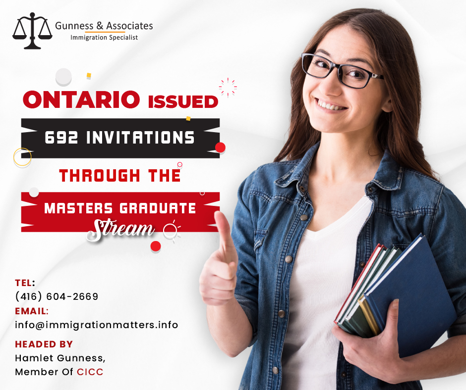 On January 25, 2023, Ontario Immigration Nominee Program (OINP) issued 692 invitations to apply (ITAs) to potential candidates in the Expression of Interest system pool for the Masters Graduate stream.Candidates who received an invitation had a minimum score of 44 points, 2 points fewer than in the previous draw.The profiles of selected candidates were created between November 22, 2022, and January 25, 2023. In total, this year, the province invited 2,970 candidates in five draws under the OINP streams.With a minimum cut off score ranging from 33 to 46, the Masters Graduate Stream of OINP invited 3,890 EOI profiles in 2022 total.Ontario Expression of Interest Ranking SystemThe following components are used to determine points in the Ontario Expression of Interest Ranking System:their educational background, including their academic level and field of study.
proficiency in either French or English.
the desire to relocate outside of the Greater Toronto Area.
Experience level and work experience, past earnings, and other variables that affect job prospects in Ontario.
needs of the province's or region's labour market.Ontario Immigration Nominee ProgramThe majority of immigrants entering Canada select Ontario as their primary destination. The Ontario Immigrant Nominee Program (OINP), a Provincial Nominee Program (PNP), is a system of immigration pathways that offer up the opportunity for immigrants to settle permanently in Canada. The PNP is purposely created to attract immigrants to the province in areas like skilled labour, workers in areas in which there is a labour shortage, entrepreneurs, and investors.Ontario Masters Graduate streamThe Masters Graduate stream in Ontario is for individuals who want to immigrate to Ontario as permanent residents who have a master's degree from an Ontario university.A provincial nomination from Ontario would be provided to those who are selected for this Provincial Nominee Program (PNP), allowing individuals to apply to Immigration, Refugees and Citizenship Canada (IRCC) for permanent residence status.The complete guide about OINP Master Graduate Stream is available hereTo find out more details about “IRCC invited over 7,500 candidates under the International Experience Canada” you can contact one of our immigration specialists at  Gunness & Associates.Tel: (416) 604-2669
Email: info@test.immigrationmatters.infoGunness & Associates has helped thousands of people successfully immigrate to Canada with their families. Our skilled and experienced immigration experts have the expertise to accurately examine your case and advise you on the best method of proceeding to best serve your needs.For honest and straightforward advice, contact the experts
at Gunness & Associates.Get a free AssessmentJoin our newsletter and get up-to-date immigration news Click hereAll rights reserved ©2022 Gunness & Associate
