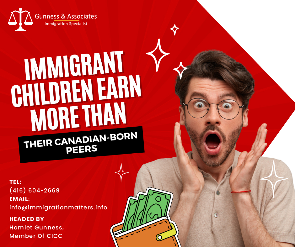 According to the Economic Outcomes of Tax-filing Immigrants Admitted as Children Compared to Canadian Taxpayers by Age at Taxation in 2020 report, immigrants who have entered Canada as young children experience more significant monetary benefits than their native counterparts when reaching 30 years old. Evidence suggests that the gap in income between immigrants and other Canadians is primarily due to their higher education attainment. Immigrant families are more likely to prioritize academic success for their children, resulting in greater numbers of graduates holding advanced degrees. This increased educational attainment leads to higher wages and better job opportunities for the immigrant population.Education potential of Immigrant ChildrenThe difference in income between immigrants and other Canadians can be attributed to their higher level of education. Families of immigrants motivate their children to continue their education and earn advanced degrees more frequently.At every age, significantly more immigrant taxpayers reported post-secondary tuition fees than did the average Canadian.By the time they hit 30+ years of age – at which point most university students are in post-graduate programs – more than a third of immigrant taxpayers, 33.7 percent, reported post-secondary tuition fees on their income tax reports compared to barely over a quarter, 27.2 percent, of all Canadians.Immigrant children earning potential The survey also indicates that immigrant children have a higher earning potential than their Canadian-born counterparts since more immigrant children are completing post-secondary education.The median income for 25-year-olds in Canada as a whole was $29,710, whereas the median income for 25-year-olds who moved to Canada as children were $30,300. By the age of 30, the pay gap between immigrants and the general population had grown to almost 13%, with persons who had immigrated as children receiving a median income of $47,400 compared to the general population's $41,810 income.Want to know more details about “Immigrant children earn more than their Canadian-born peers'' you can contact one of our immigration specialists at  Gunness & Associates.Tel: (416) 604-2669 Email: info@test.immigrationmatters.infoGunness & Associates has helped thousands of people successfully immigrate to Canada with their families. Our skilled and experienced immigration experts have the expertise to accurately examine your case and advise you on the best method of proceeding to best serve your needs.For honest and straightforward advice, contact the expertsat Gunness & Associates.Get a free Assessment Join our newsletter and get up-to-date immigration news Click hereAll rights reserved ©2022 Gunness & Associate