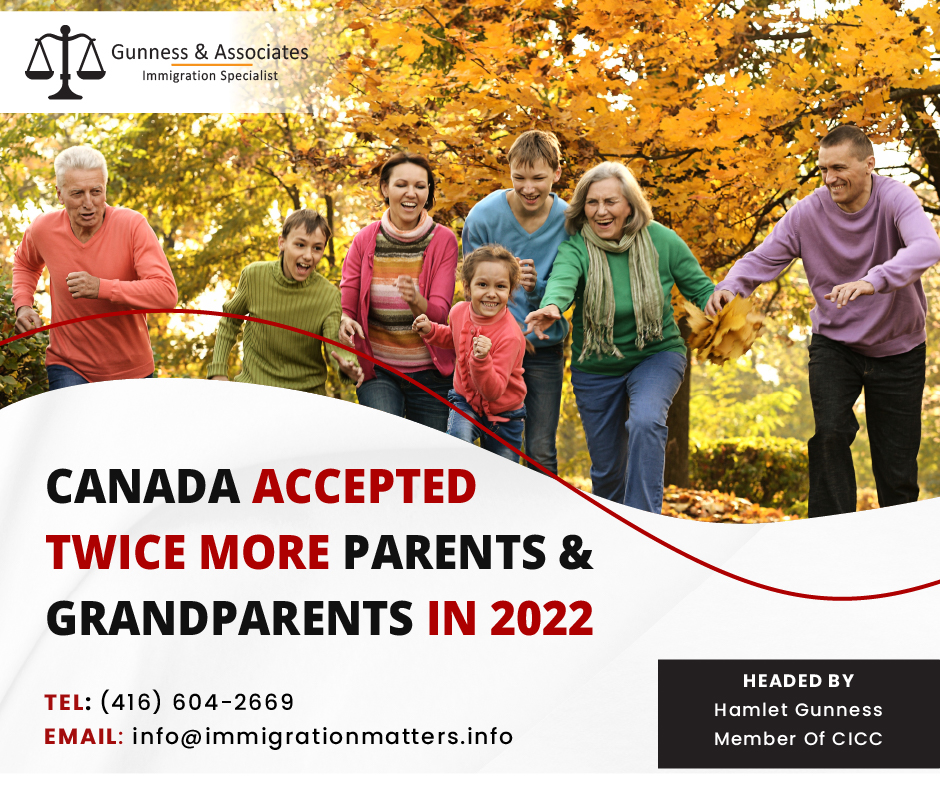 Last year, the number of family members reunited with their loved ones in Canada through the Parents and Grandparents Program (PGP) skyrocketed - more than doubling its previous record set before the COVID-19 pandemic. According to the newest records from Immigration, Refugees and Citizenship Canada (IRCC), an impressive 27,195 new permanent residents arrived in Canada through the PGP last year or 11,740 more than in 2021, a 131.6% rise. The PGP, which relies upon Canadian relatives sponsoring the parents and grandparents of immigrants, has been gradually rebuilding its numbers following the massive reduction in immigration due to public health protocols and travel restrictions. The number of new arrivals under the PGP similarly dropped as overall immigration did, from 341,175 new permanent residents in 2019, the full year before the pandemic, to only 184,595 newcomers in 2020. In comparison to 2019, when the PGP welcomed 22,010 new permanent residents, the program only saw 10,455, or a 52.5% decrease, in the first year of the pandemic. The following year, with a then-record-breaking 406,040 new permanent residents, overall immigration roared back to life. However, despite that year's significant increase in immigration, the number of new arrivals under the PGP only increased by a modest 12.3% to 11,740 new permanent residents in 2021. The number of immigrants entering Canada through the PGP at this time is approximately two times higher than it was in 2015, when 15,490 parents and grandparents may be sponsored to immigrate. There's little chance that the PGP numbers will be even higher this year given Ottawa's significantly higher immigration targets for the upcoming years. Canada plans to welcome 1.45 million immigrants within three years Ottawa's immigration levels plan for the years 2023–2025 sets a target of 465,000 new permanent residents for 2023. 2024 will see 485,000 new permanent residents enter, following 500,000 more in 2025. Overall, 1.45 million immigrants will arrive in Canada during the next three years. The PGP requires applicants to pay $1,050 to sponsor a parent or grandparent, and the process can take up to 39 months. The sponsors must provide biometrics after submitting their applications. The time it took to submit these biometrics is included in the processing time. After submitting an interest in sponsoring these relatives, a Canadian citizen or permanent resident will receive an invitation to apply (ITA) and will then need to send two applications to the PGP: the sponsorship application, and; the permanent residence application If those applications are accepted, the sponsor enters into an agreement that begins the day the sponsor becomes a Canadian permanent resident. Eligibility requirements to sponsor the parents and grandparents you can sponsor your own parents and relatives If: You are invited to apply. You are at least 18 years old. You're a Canadian Permanent resident. You are a Canadian citizen, a permanent resident of Canada, or a person who has a Canadian Indian Act registered. You have sufficient money to support the people you want to support. You meet all additional requirements specified in the Immigration and Refugee Protection Act and its regulations. Want to know more details about “Canada accepted twice more the parents and grandparents in 2022” you can contact one of our immigration specialists at Gunness & Associates. Tel: (416) 604-2669 Email: info@test.immigrationmatters.info Gunness & Associates has helped thousands of people successfully immigrate to Canada with their families. Our skilled and experienced immigration experts have the expertise to accurately examine your case and advise you on the best method of proceeding to best serve your needs. For honest and straightforward advice, contact the experts at Gunness & Associates. Get a free Assessment Join our newsletter and get up-to-date immigration news Click here All rights reserved ©2022 Gunness & Associate