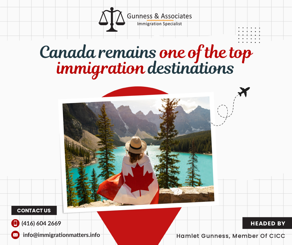 Canada remains one of the top immigration destinations  In February 2023, the Century Initiative released findings revealing that Canada has a distinct advantage regarding immigrant attraction due to its strong public acceptance of immigration policies. The national, non-partisan charity urges for the economic and societal benefits of increasing Canada's population to one hundred million by 2100.  The new report states that Canada has an advantage over other countries because its citizens embrace immigrants more than ever. Ever since the late 1990s, Canadian support for immigration has drastically increased alongside a surge in people feeling that multiculturalism is one of Canada's most defining features - 64% of Canadians agree. The Environics Institute, a research group that collects public opinion in Canada on the issues that influence the country, recently conducted a Focus Canada study, which is referenced in the Century Initiative report. The conclusion of the study, seven out of 10 Canadians supported the country's current immigration policies.  When the Environics Institute began keeping track 45 years ago, this was the highest level of support. According to the study, Canadians are conscious of how important immigration is to boost the country's economy and population. According to the report, one of the methods is that almost a quarter of all Canadians are immigrants. According to the 2021 census, 1.3 million new permanent residents arrived in Canada between 2016 and 2021, and according to Statistics Canada, this figure may reach 34% by 2041. One of the main factors in Canada’s ability to attract immigrants is, what the report describes as,  Canada’s “International Brand.” Canada is regarded as a nation that offers an excellent quality of life in terms of healthcare, education, housing, safety, and tolerance on a worldwide scale. This indicates that Canada is in a good position to attract and retain immigrants. The future of immigration in Canada Long-term success for Canada depends on immigration. Canada needs an efficient, user-friendly, and adaptable immigration system in order to fully realize the benefits of immigration and offer immigrants the best possible experience. Immigration, Refugees and Citizenship Canada (IRCC) have consistently taken steps to limit application backlogs and develop a better immigration system as part of ongoing work to improve client service. To boost processing capacity and efficiency while protecting Canadians' safety and security, this includes digital applications, employing and training new people, and using automation technology. In Canada, immigration is the primary driver of population growth. More than a quarter (23%) of the population, or more than 8.3 million people, were or had ever been landed immigrants or permanent residents in Canada in 2021. The highest among the G7 economies, this proportion was the highest since Confederation. Want to know more details about “Canada remains one of the top immigration destinations” you can contact one of our immigration specialists at  Gunness & Associates. Tel: (416) 604-2669  Email: info@test.immigrationmatters.info Gunness & Associates has helped thousands of people successfully immigrate to Canada with their families. Our skilled and experienced immigration experts have the expertise to accurately examine your case and advise you on the best method of proceeding to best serve your needs. For honest and straightforward advice, contact the experts at Gunness & Associates. Get a free Assessment  Join our newsletter and get up-to-date immigration news Click here All rights reserved ©2022 Gunness & Associate