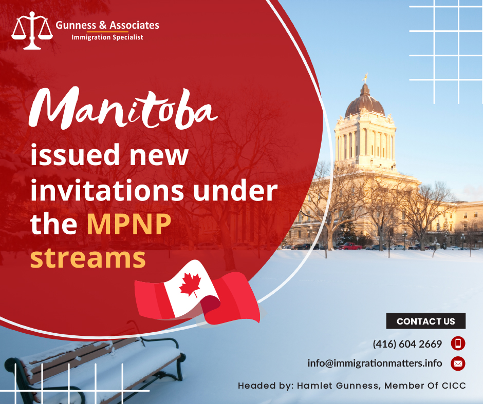 Manitoba issued new invitations under the MPNP occupation-specific EOI draw on March 9, 2023, Manitoba held a new invitation round in the Manitoba Provincial Nominee Program (MPNP). In round #171, the MPNP held a new occupation-specific candidate selection (sales and service support occupations) under the Skilled Workers in Manitoba stream and invited 224 applicants who scored 612 points and more. Manitoba also issued 277 LAAs in the regular SWM draw. The minimum score for the LAA in this category was 675 points, 18 points fewer than the previous draw. In the Skilled Workers Overseas stream, MPNP issued 43 LAAs to candidates invited under the Strategic Recruitment Initiative. The lowest score in the SWO category was 666 points, 55 points fewer than in the previous draw. In addition, 53 invitations were issued in the International Education Stream. Manitoba has issued LAAs to 597 candidates, including 45 Express Entry candidates for this round. In 2023, MPNP invited 2,180 candidates, and 277 of them received invitations in the Express Entry.Details of Manitoba Provincial Nominee Program occupation-specific EOI draw In round #171, Manitoba held a new invitation round in the Manitoba Provincial Nominee Program (MPNP) occupation-specific EOI draw on March 9, 2023, DateStreamLAAsLowest ScoreMarch 09, 2023Skilled Workers Manitoba224(Occupation-specific)612March 09, 2023-277(All occupations)675March 09, 2023International Education Stream53- Skilled Workers Overseas43666The list of occupations that fall under major group 65 (sales and service support occupations) and their NOC codes can be listed below. 65100 – Cashiers
65101 – Service station attendants
65102 – Store shelf stockers, clerks, and order fillers
65109 – Other sales-related occupations
65200 – Food and beverage servers
65201 – Food counter attendants, kitchen helpers, and related support occupations
65202 – Meat cutters and fishmongers – retail and wholesale
65210 – Support occupations in accommodation, travel, and facilities set-up services
65211 – Operators and attendants in amusement, recreation, and sport
65220 – Pet groomers and animal care workers
65229 – Other support occupations in personal services
65310 – Light duty cleaners
65311 – Specialized cleaners
65312 – Janitors, caretakers, and heavy-duty cleaners
65320 – Dry cleaning, laundry, and related occupations
65329 – Other service support occupationsAlso read:MANITOBA INCREASED THE AMOUNT OF INVESTMENT IN IMMIGRANT SETTLEMENT SERVICESMANITOBA ISSUED 308 INVITATIONS TO SKILLED CANDIDATES UNDER THE MPNPMANITOBA INVITED 336 SKILLED CANDIDATES UNDER THE NEW MPNP DRAWMANITOBA ISSUED 322 INVITATIONS UNDER THE MPNP LATEST DRAWSkilled workers ManitobaThe Skilled Worker in Manitoba (SWM) pathway recommends applicants who have a strong connection to our province through ongoing employment and enough knowledge of official languages, as well as the skills needed, education, and training, work experience, and job experiences, to immediately and sustainably contribute to the Manitoba economy and community as a whole.Manitoba International Education Stream The International Education Stream (IES) for Manitoba graduates is designed to provide international students who graduate in Manitoba faster pathways to nomination even while meeting the requirements of the industry.There are three pathways:Career Employment Pathway
Graduate Internship Pathway
International Student Entrepreneur Pilot (ISEP)Skilled Workers OverseasAn invitation to apply received directly from the MPNP as part of a Strategic Recruitment Initiative identifies applicants for the Skilled Worker Overseas (SWO) pathway if they're able to demonstrate an established connection to Manitoba through the support of family or friends, prior education, or employment in the province, or support from family or friends.Want to know more details about “Manitoba issued new invitations under the MPNP occupation-specific EOI draw” you can contact one of our immigration specialists at Gunness & Associates.Tel: (416) 604-2669 Email: info@test.immigrationmatters.infoGunness & Associates has helped thousands of people successfully immigrate to Canada with their families. Our skilled and experienced immigration experts have the expertise to accurately examine your case and advise you on the best method of proceeding to best serve your needs.For honest and straightforward advice, contact the expertsat Gunness & Associates.Get a free Assessment Join our newsletter and get up-to-date immigration news Click hereAll rights reserved ©2022 Gunness & Associate