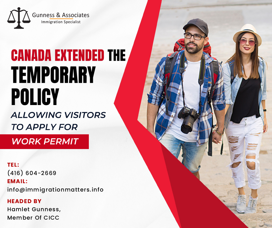 Canada extended the temporary policy allowing visitors to apply for work permits on February 28, 2023, the Government of Canada extended the temporary policy allowing visitors to Canada to apply for a work permit. Having a valid job offer, foreign nationals who are in Canada as visitors can apply for a work permit without leaving the country. Visitors with a work permit within the last 12 months can also apply for an interim work authorization to continue working in Canada. This temporary public policy has been extended by an additional two years and will remain in effect until February 28, 2025.Eligibility Requirements for the temporary policy for Visitors in Canada Eligibility requirements for visitors to apply for an employer-specific work permit are:have a valid visitor status in Canada at the time of submitting the application;
intend to work for the employer and occupation specified by the LMIA or LMIA-exempt offer of employment included in their work permit application submitted under the public policy;
submit an application for an employer-specific work permit before February 28, 2025;
has remained status since submitting their application and intends to maintain it for the duration of the time that their work permit application is being processed in Canada.A former holder of a work permit who converted to visitor status may also be eligible for temporary work authorization if they meet the following requirements in addition to meeting the requirements for the work permit:have maintained a valid temporary resident status in Canada at the time of submitting their work permit application;
held a valid work permit for the 12 months prior to the date on which they submitted their application for a work permit under this public policy, even though they are only visiting at the time;
intend to apply for a work permit under the public policy and to work for the employer and in the occupation specified in the LMIA or LMIA-exempt offer of employment;
have used the IRCC Web form to apply to IRCC for the interim authorization to work in accordance with this public policy; and
have requested that the authorization to work be applicable while their application for a work permit is being processed.Objectives of the Temporary Policy This temporary policy willallow eligible foreign individuals who hold valid temporary resident status as visitors to apply from inside Canada for a work permit that is supported by a job offer
exempt eligible foreign nationals from the requirement that a work visa won't be granted if they don't meet certain temporary residence criteria.
While a decision on their work permit application is pending, allow eligible former temporary foreign workers to work.Open Job positions in CanadaCanada is facing a severe labor shortage even as the economy is expanding. By continuing this policy, foreign nationals who are in Canada on a visitor visa can work there without having to leave.This helps newcomers who might want to work and eventually move to Canada, as well as employers who have open positions.The most recent report on job openings from Statistics Canada reveals that there are currently more than 800,000 open positions in the country. The sectors with the highest vacancy rates include those supplying accommodation and food as well as healthcare.Want to know more details about “Canada extended the temporary policy allowing visitors to apply for work permits” you can contact one of our immigration specialists at Gunness & Associates.Tel: (416) 604-2669 Email: info@test.immigrationmatters.infoGunness & Associates has helped thousands of people successfully immigrate to Canada with their families. Our skilled and experienced immigration experts have the expertise to accurately examine your case and advise you on the best method of proceeding to best serve your needs.For honest and straightforward advice, contact the expertsat Gunness & Associates.Get a free Assessment Join our newsletter and get up-to-date immigration news Click hereAll rights reserved ©2022 Gunness & Associate