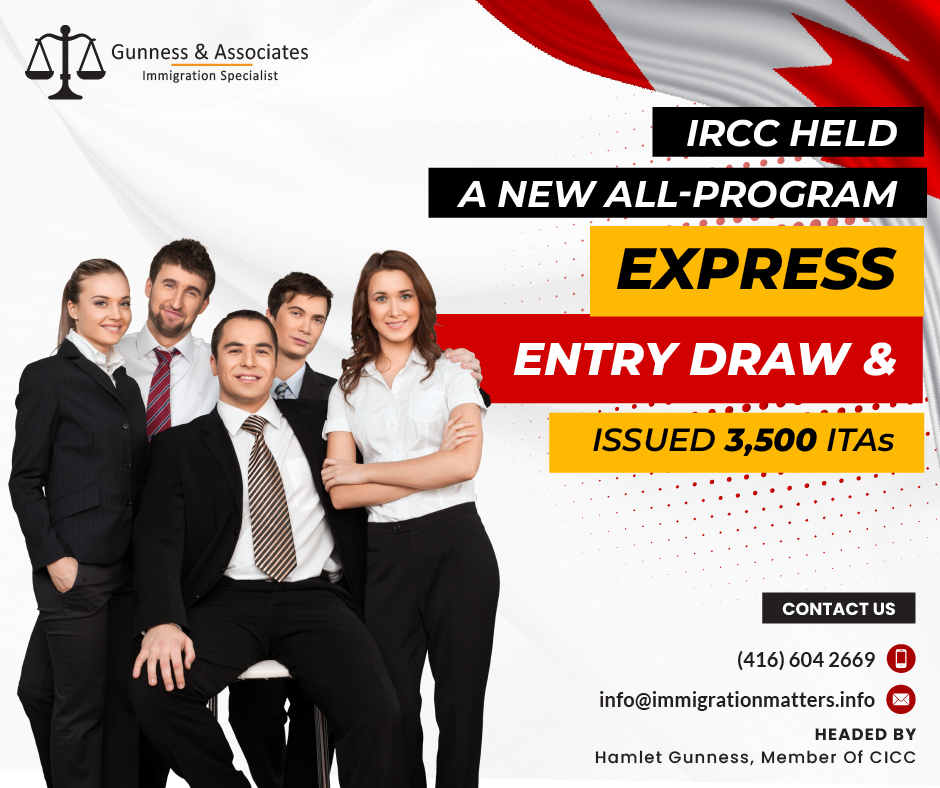On April 12, 2023, Immigration, Refugees and Citizenship Canada (IRCC) issued 3,500 Invitations to Apply (ITA) to candidates under the latest all-program Express Entry draw. In this draw, IRCC continued inviting candidates under all immigration programs. In round #246, the cut-off score was 486 points, five points more than in the previous all-program draw. The tie-breaking rule for this round was July 19, 2022, at 11:05:24 UTC. As of April 12, 2023, there are 231,119 profiles registered in the Express Entry pool, 3,828 fewer than the previous update. In 2023, Canada issued 41,059 ITAs through ten Express Entry draws.Summary of the latest all-program Express Entry draw All-program Express Entry draw means that candidates from all three Express Entry economic immigration programs were taken into consideration:Canadian Experience Class 
Federal Skilled Worker Program 
Federal Skilled Trades ProgramCandidates’ CRS score distribution as of all-program Express Entry draw on April 12, 2023:CRS score rangeNumber of profiles registered601-1200501501-6001,180451-50056,092491-5001,284481-4902,871471-48021,344461-47017,139451-46013,454401-45061,379441-45012,772431–44013,228421-43010,766411-42011,864401-41012,749351-40069,975301-35036,4190-3005,573Total231,119The figures in the table above indicate the total number of people in the pool a few days before the selection round. As new profiles are submitted by people and older profiles expire, the distribution of scores can alter.How can you increase your CRS Score for Express Entry?Can you achieve a CRS score of 490 or higher for Express Entry?  how those the Express Entry works, the CRS (Comprehensive Ranking System) score is a points-based system that the Canadian government uses to rank Express Entry Applicants based on factors such as:Age
Education
Language Ability
Work Experience, and
AdaptabilityWant to know more details about ”IRCC held the latest all-program Express Entry draw and issued 3,500 ITAs” you can contact one of our immigration specialists at  Gunness & Associates.Overview of Express Entry Express Entry is the system used by Immigration, Refugees and Citizenship Canada (IRCC) to manage the intake of applications for economic immigration submitted on or after January 1, 2015, for the following classes:Federal skilled worker class (FSWC);
Federal skilled trades class (FSTC);
Canadian experience class (CEC); and
a portion of the provincial nominee class (PNC).Tel: (416) 604-2669 Email: info@test.immigrationmatters.infoGunness & Associates has helped thousands of people successfully immigrate to Canada with their families. Our skilled and experienced immigration experts have the expertise to accurately examine your case and advise you on the best method of proceeding to best serve your needs.For honest and straightforward advice, contact the expertsat Gunness & Associates.Get a free Assessment Join our newsletter and get up-to-date immigration news Click hereAll rights reserved ©2023 Gunness & Associate
