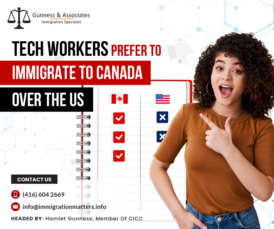 Tech workers struggling to obtain a work permit in the US change their direction and immigrate to Canada over the US. Highly skilled tech workers prefer Canada over the US as they can apply for permanent residency in this country and are free to change jobs and work for any Canadian employer. US’s H1-B visa application process usually takes longer and requires four applications to be completed. While the US issues 85,000 visas for most occupations and rejects almost the same number of applications, Canada accepts skilled workers through Express Entry and Provincial Nominee Programs (PNP).Vancouver the Most Vibrant Tech Market Vancouver In 2020 and 2021 combined, "two Canadian markets had the most high-tech job growth, followed by Austin in the U.S.," stated the report.Vancouver saw a 44 percent increase in high-tech jobs during those two years, followed by Toronto, which saw a 37 percent growth, according to CBRE. Canada attracts skilled workers from the U.S. through initiatives like the Global Talent Stream (GTS), which strives to offer two-week visa processing.The Temporary Foreign Worker Programme (TFWP), which includes the GTS, prioritizes certain technology occupations with quick processing times. Foreign nationals can get hired and recruited by Canadian employers until the period of the International Mobility Programme (IMP) ends.Reasons Why Tech Professionals Immigrate to Canada Over the USSkilled workers from all over the world are attracted to Canada because of its overall thriving tech industry and high standard of living. Here are a few reasons why you should consider moving your talents to Canada over other countries, like the high need for tech workers, increasing potential clients, and some special advantages. Tech job opportunities By 2025, it is anticipated that Canadian companies would need to fill an extra 250,000 technology jobs, with Toronto currently ranking as the third-largest technical hub in North America.  Canada is an excellent choice because the government continues to value immigration and because Tech professionals are in high demand there.Friendly immigration system The Global Talent Stream (GTS), which aims to speed up and simplify the processing of visa and work permit applications for foreign nationals, is a means by which Canada actively encourages immigration and makes it simple for tech workers to immigrate.  Participating in GTS is an excellent choice if you are interested in preparing yourself for occupations in Tech in Canada, where the Government of Canada is targeting over 300,000 new immigrants yearly.Skilled professionals can quickly pursue residence and citizenship in Canada by obtaining a work visa. It has a far quicker processing time than other programs, such as the US H-1B system, and it doesn't use lotteries or annual caps, making it much smoother generally.  Booming Canadian economyCanada's economy had recovered stronger than ever by 2021 and was growing at a 6.7% annual rate. Because of this extraordinary bounce and after growth—the OECD projects that Canada's GDP increased by 3.8% in 2022—employers in all provinces are increasingly looking to hire foreign workers, particularly IT workers, to fill labor market gaps.Accessibility of healthcare Without regard to their level of income, Canadians enjoy the benefit of having access to healthcare services that are subsidized by a national health insurance system. With various levels of coverage, each province and territory has a local healthcare plan.  Immigrants have access to a valid health card when they successfully register for their provincial or territorial plans, which is without cost. Free health care with no deductibles and a maximum of 18 months of partially paid parental leave is among the perks.   If you’re a tech worker and want to move to Canada, Gunness & Associates can help! How to Enter Canada as a Tech Worker?In 2023, the following will likely be the most common routes for tech workers coming to Canada: Express Entry
Provincial Nominee Programs for Tech Workers
Ontario Human Capital Priorities Stream
British Columbia PNP Tech
Quebec ImmigrationWant to know more details about ”Tech workers prefer to immigrate to Canada over the US" you can contact one of our immigration specialists at  Gunness & Associates.Tel: (416) 604-2669 Email: info@test.immigrationmatters.infoGunness & Associates has helped thousands of people successfully immigrate to Canada with their families. Our skilled and experienced immigration experts have the expertise to accurately examine your case and advise you on the best method of proceeding to best serve your needs.For honest and straightforward advice, contact the expertsat Gunness & Associates.Get a free Assessment Join our newsletter and get up-to-date immigration news Click hereAll rights reserved ©2023 Gunness & Associate