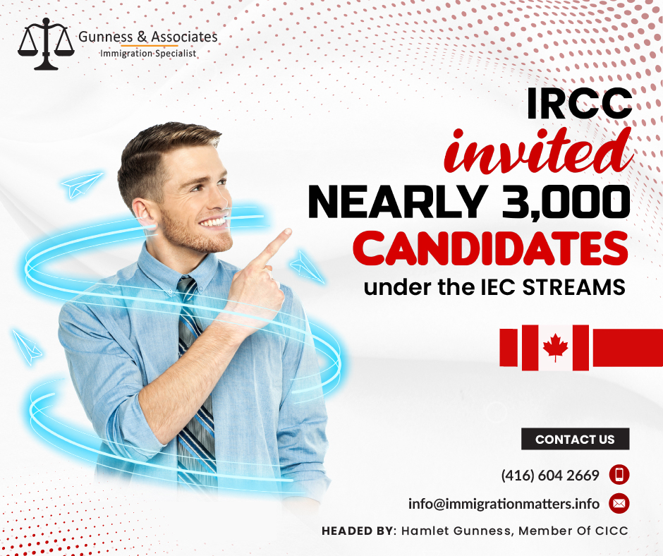 Over the last week, Immigration, Refugees and Citizenship Canada (IRCC) held new draws in the pools of International Experience Canada (IEC streams). From April 7 to April 14, Canada invited 2,963 young foreigners to apply for an IEC open work permit. As of April 14, there were 17,270 candidates registered in the pool, waiting for the invitation. There are details of a number of ITAs countrywide invited to apply for an IEC open work permit In 2023:No of ITAsCountry NameNo of ITAsCountry Name10 Switzerland228 Australia2 Andorra40 Belgium15 Chile140 Costa Rica5 Croatia26 Czech Republic5 Denmark3 Estonia178 France11 Greece3 Hong Kong196 Ireland59 Italy229 Japan555 Korea11 Poland196 Germany345 United Kingdom8 Lithuania2 Luxembourg11 Netherlands72 New Zealand4 Norway477 Taiwan34 Portugal21 Sweden20 Slovakia1 Slovenia54 Spain26 PolandIn 2023, Canada issued 77,198 ITAs under the IEC Program.IEC open work permitYouths can travel and work in Canada for up to two years through International Experience Canada (IEC).  Three different work and travel opportunities are available under IEC. Such as, Working Holiday
Young Professionals
International Co-op InternshipWorking Holiday Fall in this category if:You want to work for more than one Canadian business but do not yet have a job offer.
You want to work in multiple places.
You want to work in multiple places.
you’d like to earn some money so that you can travelAn open work permit is the kind of work permits you gain for a working holiday. You can now work for almost any company in Canada due to this.Also, Read,IRCC ISSUED 1,002 INVITATIONS UNDER THE IEC ON March 29, 2023CANADA INVITED 1,555 YOUNG FOREIGNERS TO APPLY FOR AN IEC OPEN WORK PERMIT Want to know more details about “Canada invited nearly 3,000 candidates under the IEC streams” you can contact one of our immigration specialists at  Gunness & Associates.Tel: (416) 604-2669 Email: info@test.immigrationmatters.infoGunness & Associates has helped thousands of people successfully immigrate to Canada with their families. Our skilled and experienced immigration experts have the expertise to accurately examine your case and advise you on the best method of proceeding to best serve your needs.For honest and straightforward advice, contact the expertsat Gunness & Associates.Get a free Assessment Join our newsletter and get up-to-date immigration news Click hereAll rights reserved ©2023 Gunness & Associate