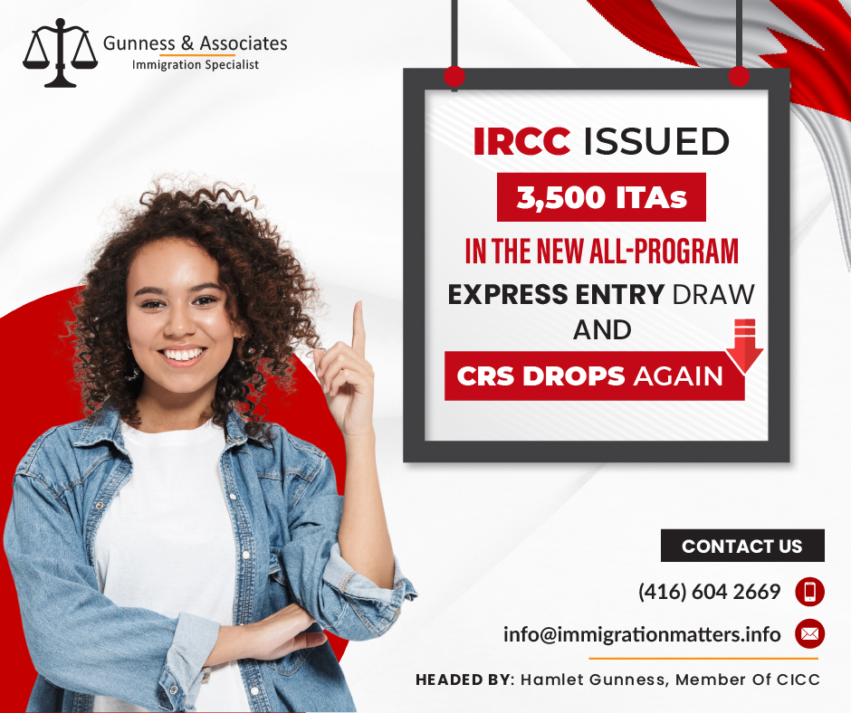 On April 26, 2023, Immigration, Refugees and Citizenship Canada (IRCC) issued 3,500 Invitations to Apply (ITA) to candidates under the all-program Express Entry draw. In this draw, IRCC continued inviting candidates under all immigration programs. In round #247, the cut-off score was 483 points, three points fewer than in the previous all-program draw. The tie-breaking rule for this round was April 22, 2023, at 19:46:58 UTC. As of April 26, 2023, there are 230,189 profiles registered in the Express Entry pool, 930 fewer than in the previous update. In 2023, Canada issued 44,559 ITAs through Express Entry.CRS Score distribution in the new all-program Express Entry draw of April 26, 2023 The new all-program invitation round follows the previous draw which was held on April 12, 3,500 candidates received invitations to apply (ITAs) and had a minimum CRS score of 486.CRS score rangeNumber of profiles registered601-1200604501-600884451-50055,867491-500680481-4903,001471-48021,544461-47017,111451-46013,351401-45061,108441-45012,691431–44013,187421-43010,674411-42011,846401-41012,710351-40069,709301-35036,4320-3005,585Total230,189How can you increase your CRS Score for Express Entry?Can you achieve a CRS score of 490 or higher for Express Entry? how those the Express Entry works, the CRS (Comprehensive Ranking System) score is a points-based system that the Canadian government uses to rank Express Entry Applicants based on factors such as:Age
Education
Language Ability
Work Experience, and
AdaptabilityExpress Entry Canada requirementsThe most popular way for foreign-trained professionals to permanently immigrate to Canada is via Canada Express Entry. It is a points-based system that awards points based on skills, professional experience, employment status, and province or territorial nomination. Your chances of receiving an Invitation to Apply (ITA) for Permanent Residency in Canada increase with your CRS score. Different documents are required at different stages in the Express Entry application process such as:a passport or travel document
language test results
proof of Canadian education or an educational credential assessment report
provincial nomination (if you have one)
written job offer from an employer in Canada (if you have one),
police certificates
medical exams
proof of relationship to a relative in Canada
digital photos to confirm your identity, and
any other documents that you feel are relevant to your applicationAlso, read;IRCC ISSUED AN INCREASINGLY HIGH NUMBER OF ITAS IN THE FIRST QUARTER OF 2023 Want to know more details about “IRCC issued 3,500 ITAs in the new all-program Express Entry draw” you can contact one of our immigration specialists at Gunness & Associates.Tel: (416) 604-2669 Email: info@test.immigrationmatters.infoGunness & Associates has helped thousands of people successfully immigrate to Canada with their families. Our skilled and experienced immigration experts have the expertise to accurately examine your case and advise you on the best method of proceeding to best serve your needs.For honest and straightforward advice, contact the expertsat Gunness & Associates.Get a free Assessment Join our newsletter and get up-to-date immigration news Click hereAll rights reserved ©2023 Gunness & Associates
