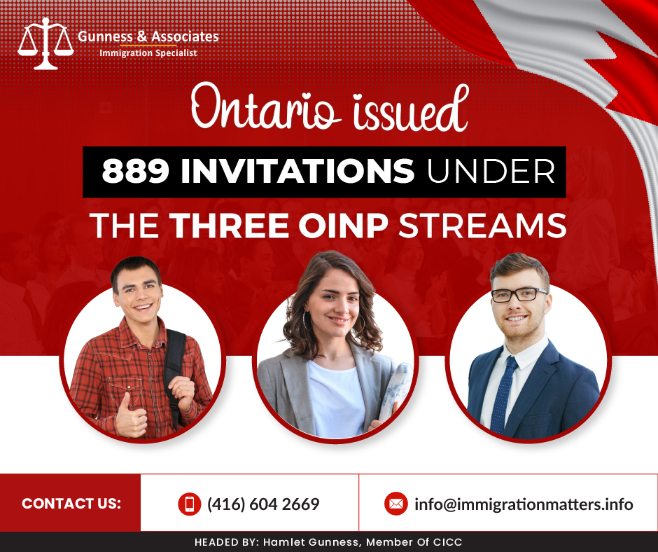 On April 4, 2023, Ontario Immigration Nominee Program (OINP) issued a total of 889 invitations under the three OINP streams. Ontario Immigration Nominee Program issued 752 invitations to apply (ITAs) for the Master's Graduate stream. The minimum score of this round was 52 points, 8 points more than it was in the previous draw. On April 4, 2023, Ontario also invited 131 candidates under the Ph.D. Graduate Stream. The minimum score for this draw was 48 points.In addition, the province invited six candidates in the targeted draw for the federal Economic Mobility Pathways Project under the OINP’s Foreign Worker stream. So far, Ontario has issued invitations to 11,582 candidates under all streams in 2023.Summary of the OINP Draw for the three OINP streams Summary for the OINP recent draw under three OINP streams held on April 04, 2023:StreamInvitationsminimum scoreMasters Graduate Stream75252Ph.D. Graduate Stream13148Employer Job Offer: Foreign Worker Stream6N/AAlso Raed the latest immigration News:ONTARIO PUBLISHED 2022 OINP RESULTSONTARIO PUBLISHED THE OINP 2023 NOMINATION ALLOCATIONONTARIO PRACTICE READY ASSESSMENT PROGRAM PRA 2023THE AAIP MADE CHANGES TO IMMIGRATION PATHWAYSOINP Masters Graduate StreamInternational students who have obtained a master's degree from an Ontario university that qualifies can immigrate permanently to Ontario under the province's Masters Graduate Stream without having to have a job offer. In order to apply to Immigration, Refugees and Citizenship Canada (IRCC) for permanent residence in Canada, applicants must first receive a provincial nomination from the Ontario Immigrant Nominee Program (OINP), provided they meet the program's educational, language, and other requirements.OINP Ph.D. Graduate Stream International graduates with an Ontario Ph.D. degree have the option to apply to live and work permanently in Ontario through the Ph.D. Graduate stream.Before submitting an online application to be nominated for permanent residence by the Ontario government, you must first register in the OINP's Expression of Interest System and receive an invitation to apply.OINP’s Foreign Worker stream Foreign workers with a job offer in a skilled occupation can apply to live and work permanently in Ontario through the Employer Job Offer: Foreign Worker stream.Your job offer must be for a skilled occupation in the National Occupational Classification TEER (Training, Education, Experience, and Responsibilities) classifications 0, 1, 2, or 3. (NOC). Foreign workers both inside and outside of Canada are eligible for this stream.Want to know more details about “Ontario issued 889 invitations under the three OINP streams" you can contact one of our immigration specialists at  Gunness & Associates.Tel: (416) 604-2669 Email: info@test.immigrationmatters.infoGunness & Associates has helped thousands of people successfully immigrate to Canada with their families. Our skilled and experienced immigration experts have the expertise to accurately examine your case and advise you on the best method of proceeding to best serve your needs.For honest and straightforward advice, contact the expertsat Gunness & Associates.Get a free Assessment Join our newsletter and get up-to-date immigration news Click hereAll rights reserved ©2023 Gunness & Associate