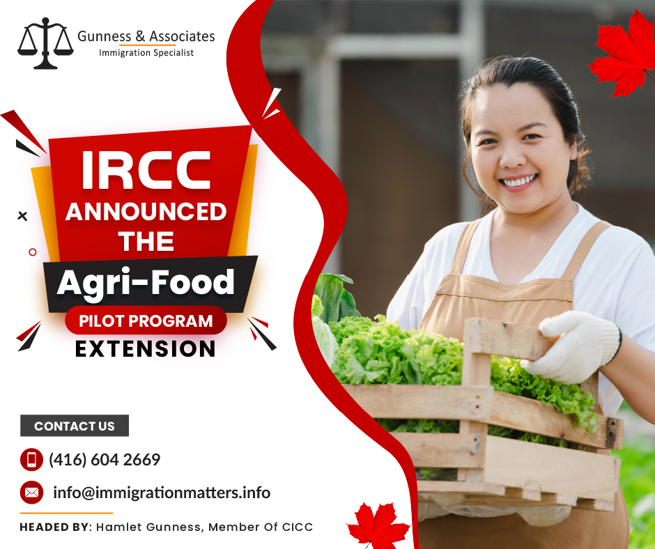 On May 8, 2023, Immigration, Refugees and Citizenship Canada (IRCC) announced the Agri-Food Pilot Program extension until May 14, 2025. The annual occupational caps have also been removed to allow more candidates to apply. Changes to the pilot will be introduced in stages by the end of the year, which include:expanding open work permit access to family members of all participants, 
allowing unions to attest to a candidate's work experience, 
providing an option for applicants to meet job offers or education requirements, and accepting work experience gained under an open work permit for vulnerable workers.The government is aware of the importance of strengthening the labor market needs of the agri-food industry and connecting Canada's food supply system. The ability of Canadian farmers and food processors to hire and retain a qualified workforce is a key component in their success. Sean Fraser, the minister of immigration, refugees, and citizenship, said about this measure:"In order for planting, harvesting, and food processing activities to continue throughout the year, our farmers and food processors depend on the regular entrance of foreign workers. They need our continuous support in order to attract and keep these talented workers. We can be confident that our food security, economy, and living standards for Canadians across the country will continue to grow and prosper as long as we extend the Agri-Food Pilot and help these sectors find the workers they need.” Eligibility Requirements for Agri-food Pilot Program The following eligibility requirements must be met by applicants in order to be eligible for the Agri-food pilot program:Work experience: 12 months of full-time, continuous employment in a Canadian occupation that qualifies under the Temporary Foreign Worker Program, such as processing meat products, caring for livestock, growing mushrooms, or managing greenhouse vegetables;
Job Offer: Have a full-time, permanent work offer from a Canadian employer in one of the eligible industries or occupations outside of Quebec;
Language: English or French proficiency at the Canadian Language Benchmark level 4 is necessary;
Education: High school diploma or its equivalent in Canada.What is the Agri-food Pilot Program?For agricultural workers in Canada, the Agri-Food pilot program offers a path to permanent residence. Workers have had to rely on temporary, seasonal work permits to find employment in recent years due to shortages of labor in Canada's agriculture and agri-food industries. By providing a path to Canadian permanent residence that allows workers and their families to stay and work in Canada for as long as they like, the pilot program aims to bring in and attract individuals.  Want to know more details about “IRCC announced the Agri-Food Pilot Program extension” you can contact one of our immigration specialists at  Gunness & Associates.Tel: (416) 604-2669 Email: info@test.immigrationmatters.infoGunness & Associates has helped thousands of people successfully immigrate to Canada with their families. Our skilled and experienced immigration experts have the expertise to accurately examine your case and advise you on the best method of proceeding to best serve your needs.For honest and straightforward advice, contact the expertsat Gunness & Associates.Get a free Assessment Join our newsletter and get up-to-date immigration news Click hereAll rights reserved ©2023 Gunness & Associates