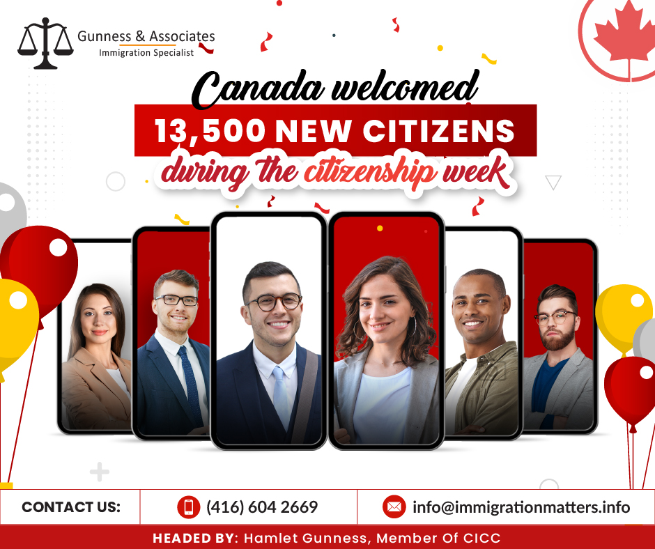 Canada welcomed over 13,500 new citizens in 105 ceremonies across all provinces and territories during the citizenship week, almost double the average number of new citizens welcomed weekly throughout the year. Canada exceeded its citizenship goals in 2022, with nearly 364,000 new citizens. The Citizenship Application Tracker was launched in May 2021 to streamline the application process, while online application processes have been made available for some clients. Since the launch of the new online testing platform in November 2020, nearly 546,000 people have taken citizenship tests online. IRCC is now inviting over 5,000 applicants every week to complete the test.The Honourable Sean Fraser, Minister of Immigration, Refugees and Citizenship "It was an honor to help welcome more than 13,500 newcomers to our Canadian family. In fact, it is among my favorite parts of my job. I've had the chance to think about all that being a Canadian means, like the freedom to live how we truly are, the connection to nature, and the possibility to realize our full potential regardless of where we come from, during Citizenship Week 2023. Every day I am grateful to be a Canadian, and I urge everyone to consider what that means to them."Also Read:CANADIAN CITIZENS CELEBRATE CITIZENSHIP WEEKIn the first quarter of 2023, 84,720 immigrants became new citizens.According to the most recent data released by the IRCC in May 2023, in the first three months of 2023, 84,720 immigrants from 212 different countries became new Canadian citizens.Country of BirthNumber of New Canadian CitizensQ1 2023 (January – March)India16,068Philippines8,738Nigeria3,765Syria3,545Pakistan3,253Iran2,774People’s Republic of China2,572United States of America2,043United Kingdom and Colonies1,521Iraq1,506Total45,785What are the processing times for Canadian Citizenship?According to the most recent official report, IRCC is now processing the majority (80%) of citizenship applications in the six months prior to this one in an average of 21 months.Who is eligible for Canadian citizenship?After having physically resided in Canada for three years (1,095 days) of the five years immediately preceding the application for citizenship, the IRCC allows permanent residents to apply for Canadian citizenship.Being a citizen of Canada has advantages as unlike permanent residents, citizens are not subject to residency requirements. Click here to read complete details for eligibility requirements of Canadian CitizenshipWe regularly share updated Canadian immigration news, want to keep updated, add the latest immigration news in your feed: https://test.immigrationmatters.info/feed Want to know more details about “Canada welcomed 13,500 new citizens during the citizenship week” you can contact one of our immigration specialists at  Gunness & Associates.Tel: (416) 604-2669 Email: info@test.immigrationmatters.infoGunness & Associates has helped thousands of people successfully immigrate to Canada with their families. Our skilled and experienced immigration experts have the expertise to accurately examine your case and advise you on the best method of proceeding to best serve your needs.For honest and straightforward advice, contact the expertsat Gunness & AssociatesGet a free Assessment Join our newsletter and get up-to-date immigration news Click hereAll rights reserved ©2023 Gunness & Associates