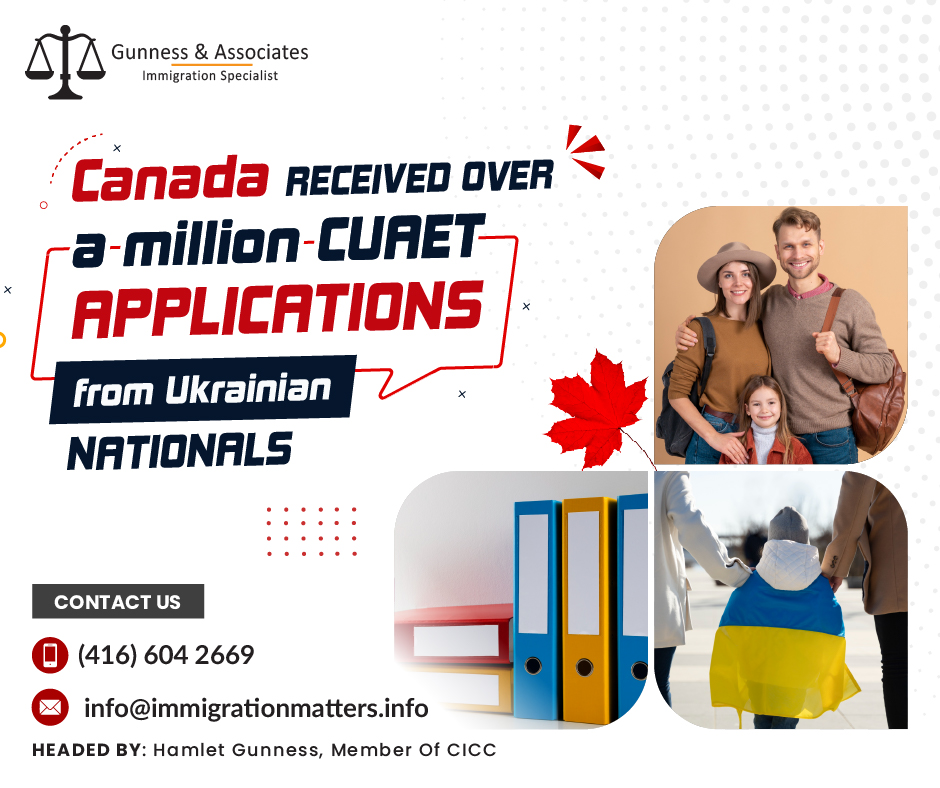 Canada received over a million CUAET applications from Ukrainian nationals on May 3, 2023, Immigration, Refugees and Citizenship Canada (IRCC) updated the number of Ukrainian newcomers arriving in Canada under the Canada-Ukraine authorization for emergency travel (CUAET). According to the latest update, between January 1, 2022, and April 23, 2023, 28,289 Ukrainians arrived in Canada by land, and 185,776 Ukrainians reached by air. Between March 17, 2022, and April 22, 2023, IRCC received 1,008,241 applications under the CUAET. In total, IRCC has approved 687,832 applications from Ukrainian nationals. From March 17, 2022, to April 22, 2023, 150,879 Ukrainian arrived in Canada under the CUAET program.Extension of the Canada-Ukraine authorization for emergency travel (CUAET) The Canada-Ukraine authorization for emergency travel (CUAET) and other temporary procedures are being extended by IRCC. This includes an Extension toapply for CUAET
travel to Canada under the CUAET special measures
access settlement services in Canada
extending the one-time financial assistance given to qualifying Ukrainians and their family membersCanada created the Canada-Ukraine Authorization for emergency travel (CUAET) measures in support of those affected by the Russian invasion of Ukraine in order to assist Ukrainians and their families in immigrating to Canada as soon as possible and to give them the opportunity to work and study while there.The CUAET measures also provide individuals who are currently in Canada with the option to continue living, working, or studying in Canada temporarily by extending their visitor status, work visa, or study permit.Want to know more details about “Canada received over a million CUAET applications from Ukrainian nationals” you can contact one of our immigration specialists at Gunness & Associates.Tel: (416) 604-2669 Email: info@test.immigrationmatters.infoGunness & Associates has helped thousands of people successfully immigrate to Canada with their families. Our skilled and experienced immigration experts have the expertise to accurately examine your case and advise you on the best method of proceeding to best serve your needs.For honest and straightforward advice, contact the expertsat Gunness & Associates.Get a free Assessment Join our newsletter and get up-to-date immigration news Click hereAll rights reserved ©2023 Gunness & Associates