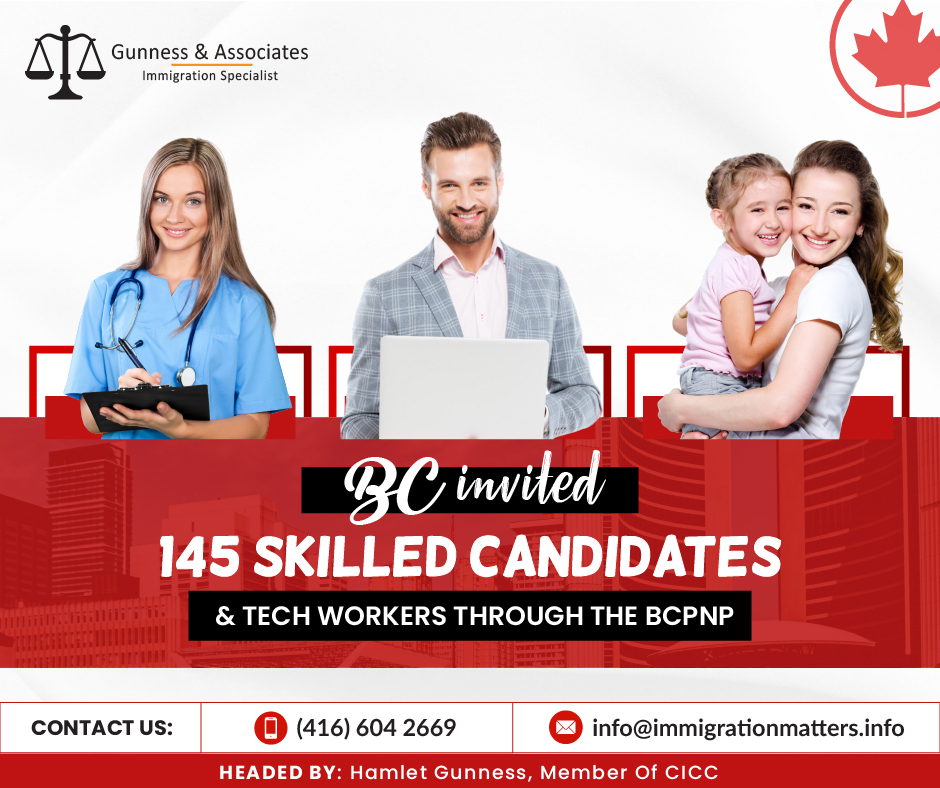 British Columbia issued new 145 invitations n the recent BC PNP Draw May 23, 2023, in the Skilled Worker – International Graduate categories of the British Columbia Provincial Nominee Program (BCPNP). In the Tech-targeted draw, BC issued 103 invitations with a minimum score of 90 points. In the Childcare-targeted draw for early childhood educators (NOC 42202), the province invited 20 candidates who scored 60 points. In the Healthcare-targeted draw, the province issued 17 invitations too. Additionally, fewer than five invitations have been issued for other priority occupations (NOCs 31103, 32104). The province invited up to 145 candidates with a score of 60-90 points. Including this draw, in 2023, British Columbia has already issued 4,397 invitations.Overview of the recent BC PNP Draw May 23, 2023 British Columbia invited up to 145 145 skilled candidates and tech workers in the recent BC PNP draw on May 23, 2023. The details are listed in the table below:Number of InvitationsStreamMinimum ScoreDescription103Skilled Worker, International Graduate (includes EEBC option)90 Targeted draw: Tech20Skilled Worker, International Graduate (includes EEBC option)60Targeted draw: Childcare: Early childhood educators and assistants (NOC 42202)17Skilled Worker, International Graduate (includes EEBC option)60Targeted draw: Healthcare<5>Skilled Worker, International Graduate (includes EEBC option)60Targeted draw: Other priority occupations (NOCs 31103, 32104)Also Read: BC INVITED OVER 200 SKILLED CANDIDATES UNDER THE BC PNP RECENT DRAWBC INVITED OVER 176 CANDIDATES IN THE NEW BC PNP DRAWS IN MAY 2023BRITISH COLUMBIA INVITED SKILLED AND TECH WORKERSBC PNP Skilled Worker The growing economy of British Columbia requires skilled and experienced individuals. Workers in professional, management, technical, trade, or other skilled occupations can get permanent residency in British Columbia through the Skilled Worker stream.BC PNP Skilled Immigration RequirementsTo be eligible for BC PNP skilled immigration you must meet these requirements:having accepted a full-time, indeterminate job offer from a B.C. business (the offer cannot be temporary or have a set end date). A skilled occupation (NOC TEER 0, 1, 2, or 3) must be the type of work performed.
be able to carry out the job's duties.
a minimum of two years of full-time work experience (or work experience equivalent to two years of full-time work) in any skilled occupation (NOC TEER 0, 1, or 3).
prove that you're able to care for yourself and your dependents.
Meet the minimum language requirements for NOC TEER 2 or 3 occupations.
BC PNP Skills Immigration CategoriesBC PNP skills immigration has the following categories choosing these skilled candidates can immigrate to Canada:BC PNP Skilled Worker
BC PNP Health Authority
BC PNP International Graduate
BC PNP International Post-Graduate
BC PNP Semi-SkilledWe regularly share updated Canadian immigration news, want to keep updated, add the latest immigration news in your feed: https://test.immigrationmatters.info/feed Want to know more details about “145 Skilled candidates invited in the recent BC PNP Draw May 23” you can contact one of our immigration specialists at  Gunness & Associates.Tel: (416) 604-2669 Email: info@test.immigrationmatters.infoGunness & Associates has helped thousands of people successfully immigrate to Canada with their families. Our skilled and experienced immigration experts have the expertise to accurately examine your case and advise you on the best method of proceeding to best serve your needs.For honest and straightforward advice, contact the expertsat Gunness & AssociatesGet a free Assessment Join our newsletter and get up-to-date immigration news Click hereAll rights reserved ©2023 Gunness & Associates