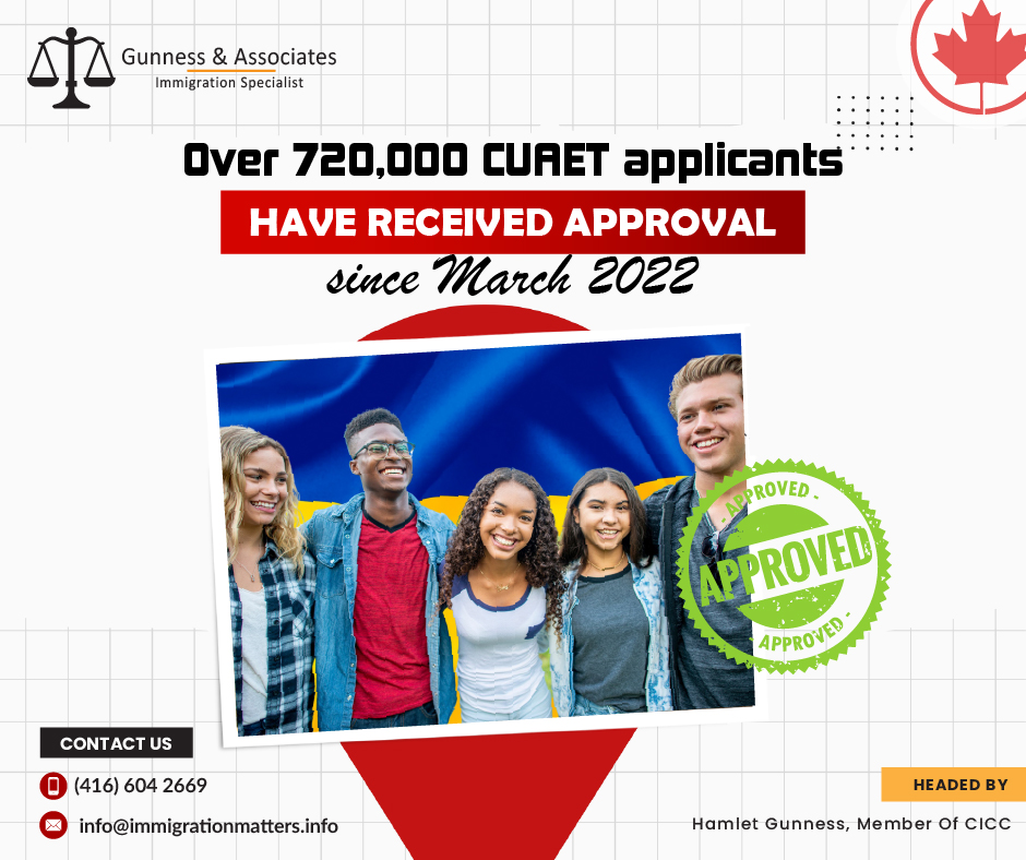 On May 24, 2023, Immigration, Refugees and Citizenship Canada (IRCC) updated the number of Ukrainian newcomers arriving in Canada under the Canada-Ukraine authorization for emergency travel (CUAET) through CUAET Program. According to the latest update, between January 1, 2022, and May 14, 2023, 30,020 Ukrainians arrived in Canada by land, and 192,390 Ukrainians reached by air. Between March 17, 2022, and May 6, 2023, IRCC received 1,028,223 applications under the CUAET. In total, IRCC has approved 720,922 applications from Ukrainian nationals. From March 17, 2022, to May 6, 2023, 154,981 Ukrainian arrived in Canada under the CUAET program.About the CUAET Program One of the many unique programs the Canadian government took to assist the people of Ukraine is the Canada-Ukraine Authorization for emergency travel (CUAET). It offers free, extended temporary status to Ukrainians and their families, enabling them to live, work, and study in Canada until it is safe for them to return home.  Before, during, and after their immigration to Canada, Ukrainians and their families continue to receive support from settlement organizations and non-governmental organizations across the country. Local settlement service providers will continue to recommend CUAET clients apply for temporary housing and support help.Benefits and Features of the ProgramUkrainians and their relatives migrating to Canada from abroadcan apply for a free visitor visa and might be given permission to stay in Canada for three years rather than the usual six-month period.
have the opportunity to submit a free open work permit application along with their visa application, allowing them to find work as soon as possible.
will, in ordinary, non-complex cases, have their electronic visa application processed within 14 days of receiving a complete application.
They are exempt from the COVID-19 vaccination requirements for acceptance into Canada, but they still have to submit to all other public health standards for travel, such as testing and quarantine.Ukrainians who receive or currently have temporary status in Canada, with their familiesmay for a three-year extension of their temporary residence status.
can leave and enter Canada whenever their visa remains in issue.
can do this without paying for a new employment or study visa.
can submit a free application for a new work or study permit.
are qualified to enroll in both elementary and secondary education.
If they weren't doing so when initially reaching Canada, they could've been asked to complete and pay for an immigration medical exam (IME).Every Ukrainian, with their family members They will not be charged for most of their application and processing fees, such as visa application fees, fees for biometric data collection, fees for applying for work and study permits, fees for visitor extensions, and fees for renewing work and study permits.
all of their IRCC applications will be processed in priority order.
If they are qualified, they may apply for permanent residency via a number of different immigration programs and streams.
have access to the dedicated service channel of the IRCC.We regularly share updated Canadian immigration news, want to keep updated, add the latest immigration news in your feed: https://test.immigrationmatters.info/feed Want to know more details about “Over 720,000 CUAET applicants have received approval since March 2022” you can contact one of our immigration specialists at  Gunness & Associates.Tel: (416) 604-2669 Email: info@test.immigrationmatters.infoGunness & Associates has helped thousands of people successfully immigrate to Canada with their families. Our skilled and experienced immigration experts have the expertise to accurately examine your case and advise you on the best method of proceeding to best serve your needs.For honest and straightforward advice, contact the expertsat Gunness & AssociatesGet a free Assessment Join our newsletter and get up-to-date immigration news Click hereAll rights reserved ©2023 Gunness & Associates