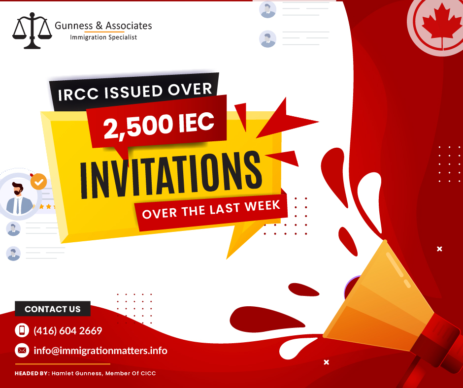 Over the three weeks, Immigration, Refugees and Citizenship Canada (IRCC) held new draws in the pools of International Experience Canada (IEC) and sent out over 2500 IEC invitations. From May 26 to May 28, Canada invited 2,657 young foreigners to apply for an IEC open work permit. As of May 26, 19,366 candidates registered in the pool, awaiting the invitation. Overview of the recent IEC InvitationsNo of ITAsCountry NameNo of ITAsCountry Name16 Switzerland324 Australia3Andorra47 Belgium5Croatia46Costa Rica135 Spain24 Czech Republic13 Denmark1Estonia252 France13 Greece8 Hong Kong122 Ireland81 Italy9 Slovenia100 Korea24 Poland163 Germany665 United Kingdom4 Lithuania1Luxembourg166 Netherlands71 New Zealand4 Norway277 Taiwan30 Portugal37 Sweden16 SlovakiaIn 2023, Canada issued 86,622 ITAs under the IEC Program.International Experience CanadaA series of programs known as International Experience Canada (IEC) allows young people from participating countries to visit Canada temporarily to live and work there. If a foreign person completes one of the IEC programs successfully, they will be qualified to apply for a work permit in Canada without the need for a Labour Market Impact Assessment (LMIA). With the acceptance of work permits, IEC permits temporary stay in Canada for a maximum of one year.IEC work permits are approved using a system of random draws. Not all foreign nationals who demonstrate an interest in the program will be selected. Success chances are based on the quota for each program and country. There are three distinct programs run by the IEC. Interested applicants should confirm the requirements for the various programs even if IEC has general standards. Each program has unique requirements and may lead to a certain kind of work authorization:Working Holiday.
Young Professionals.
International Co-op Internship.We regularly share updated Canadian immigration news, want to keep updated, add the latest immigration news in your feed: https://test.immigrationmatters.info/feed Want to know more details about “IRCC issued over 2,500 IEC invitations over the last week” you can contact one of our immigration specialists at  Gunness & Associates.Tel: (416) 604-2669 Email: info@test.immigrationmatters.infoGunness & Associates has helped thousands of people successfully immigrate to Canada with their families. Our skilled and experienced immigration experts have the expertise to accurately examine your case and advise you on the best method of proceeding to best serve your needs.For honest and straightforward advice, contact the expertsat Gunness & AssociatesGet a free Assessment Join our newsletter and get up-to-date immigration news Click hereAll rights reserved ©2023 Gunness & Associates
