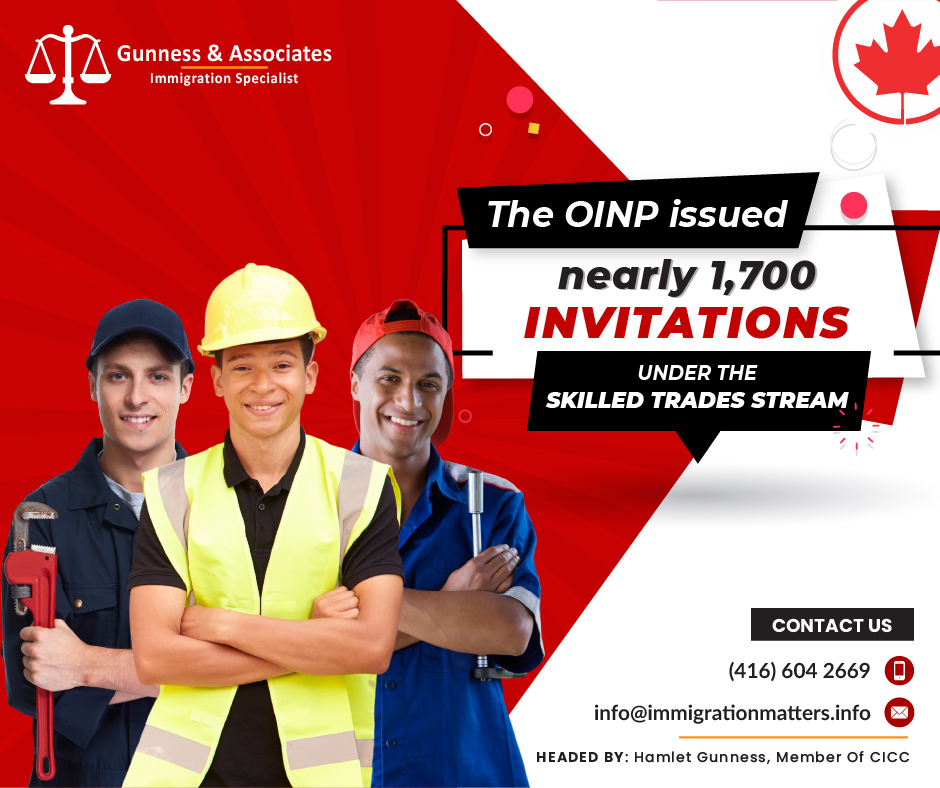 On May 18, 2023, Ontario invited 1,694 candidates under the Ontario Skilled Trades Stream. The CRS score range of the invited candidates was between 250-489 points. Candidates, who created their profiles in the Express Entry system between May 18, 2022, to May 18, 2023, were considered by OINP in this draw for 46 NOCs. Candidates who received a notification of interest do not need to contact the program and can apply to the stream. This year, the province has already invited 4,668 candidates under this stream and issued 18,781 invitations under all OINP`s streams.List of Occupations Invited in the Ontario Skilled Trades Stream NOCs
NOC 72010 – Contractors and supervisors, machining, metal forming, shaping and erecting trades and related occupations
NOC 72011 – Contractors and supervisors, electrical trades, and telecommunications occupations
NOC 72012 – Contractors and supervisors, pipefitting trades
NOC 72013 – Contractors and supervisors, carpentry trades
NOC 72014 – Contractors and supervisors, other construction trades, installers, repairers, and services
NOC 72020 – Contractors and supervisors, mechanic trades
NOC 72021 – Contractors and supervisors, heavy equipment operator crews
NOC 72022 – Supervisors, printing, and related occupations
NOC 72024 – Supervisors, motor transport, and other ground transit operators
NOC 72101 – Tool and die, makers,
NOC 72102 – Sheet metal workers
NOC 72103 – Boilermakers
NOC 72104 – Structural metal and plate work fabricators and fitters
NOC 72105 – Ironworkers
NOC 72106 – Welders and related machine operators
NOC 72200 – Electricians (except industrial and power system)
NOC 72201 – Industrial electricians
NOC 72203 – Electrical power line and cable workers
NOC 72204 – Telecommunications line and cable installers and repairers
NOC 72300 – Plumbers
NOC 72301 – Steamfitters, pipefitters, and sprinkler system installers
NOC 72310 – Carpenters
NOC 72320 – Bricklayers
NOC 72321 – Insulators
NOC 72400 – Construction millwrights and industrial mechanics
NOC 72401 – Heavy-duty equipment mechanics
NOC 72402 – Heating, refrigeration, and air conditioning mechanics
NOC 72403 – Railway carmen/women
NOC 72404 – Aircraft mechanics and aircraft inspectors
NOC 72406 – Elevator constructors and mechanics
NOC 72410 – Automotive service technicians, truck and bus mechanics, and mechanical repairers
NOC 72422 – Electrical Mechanics
NOC 72423 – Motorcycle, all-terrain vehicle, and other related mechanics
NOC 72500 – Crane operators
NOC 73100 – Concrete finishers
NOC 73101 – Tile Setters
NOC 73102 – Plasterers, drywall installers and finishers, and lathers
NOC 73110 – Roofers and shinglers
NOC 73111 – Glaziers
NOC 73112 – Painters and decorators (except interior decorators)
NOC 73200 – Residential and commercial installers and servicers
NOC 73201 – General building maintenance workers and building superintendents
NOC 73202 – Pest controllers and fumigators
NOC 73209 – Other repairers and servicers
NOC 73400 – Heavy equipment operators
NOC 82031 – Contractors and supervisors, landscaping, grounds maintenance, and horticulture servicesOverview of OINP Skilled Trades streamThe Ontario Immigrant Nominee Programme (OINP) operates an immigration stream called the Express Entry Skilled Trades Stream. It allows immigrants with relevant skilled trades work experience in Ontario to apply to live and work permanently in Ontario. OINP Skilled Trade Stream requirements to apply:
Work experience
Valid certificate or license (if applicable)
Language: Canadian Language Benchmark (CLB) level 5 or higher.
You must have enough money to support yourself and your dependent family members when you settle in Canada
Intention to live in OntarioAlso, Read:OINP FOREIGN WORKER STREAM DRAWS 2023THE ONTARIO ENTREPRENEUR STREAM INVITED 14 BUSINESS CANDIDATESONTARIO INVITED 984 CANDIDATES UNDER TWO STREAMS OF OINPOINP Skilled Trades Stream Draws 20234,668 invitations were issued under OINP’s Skilled Trades Stream Draws in 2023 as of May 18, 2023 the details are listed in the table below:DateNumber of NOIsCRS score rangeProfiles createdMay 18, 20231,694250-489May 18, 2022 – May 18, 2023March 23, 2023746250-489March 23, 2022 – March 23, 2023February 10, 2023466260-489February 10, 2022– February 10, 2023February 9, 2023510260-489February 9, 2022 – February 9, 2023January 13, 20231,252336-506January 13, 2022 – January 13, 2023We regularly share updated Canadian immigration news, want to keep updated, add the latest immigration news in your feed: https://test.immigrationmatters.info/feed Want to know more details about “The OINP issued nearly 1,700 invitations under the Skilled Trades Stream” you can contact one of our immigration specialists at Gunness & Associates.Tel: (416) 604-2669 Email: info@test.immigrationmatters.infoGunness & Associates has helped thousands of people successfully immigrate to Canada with their families. Our skilled and experienced immigration experts have the expertise to accurately examine your case and advise you on the best method of proceeding to best serve your needs.For honest and straightforward advice, contact the expertsat Gunness & Associates.Get a free Assessment Join our newsletter and get up-to-date immigration news Click hereAll rights reserved ©2023 Gunness & Associates