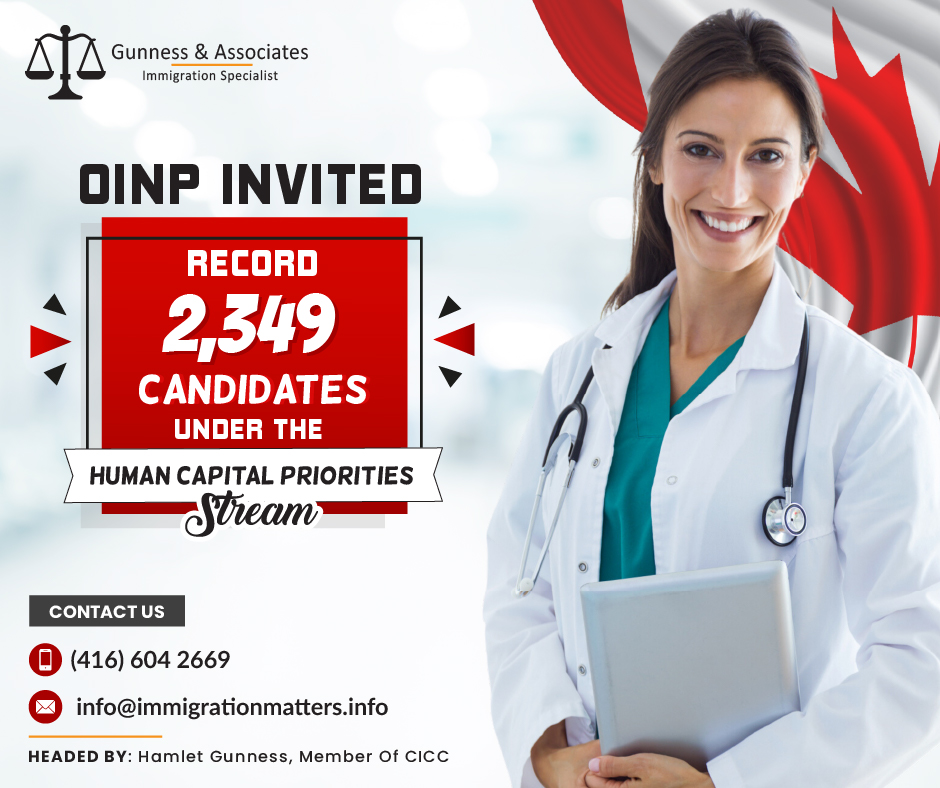 On May 8, 2023, the Ontario Immigrant Nominee Program (OINP) conducted a new invitation draw under the Human Capital Priorities Stream. In the healthcare draw, the OINP issued 2,349 targeted Notifications of Interest (NOIs) to candidates with work experience in one of the in-demand occupations. Those candidates' CRS Express Entry score was relatively low – between 427-482 points. The OINP invited candidates under 42 national occupational codes (NOC) in this draw. In 2023, Ontario issued 17,073 invitations under all streams of OINP, including 7,751 candidates under the Human Capital Priorities Stream.In a PNP draw just a few days prior, on May 5, Ontario invited 1,863 candidates with CRS scores ranging from 475 to 482, breaking the previous record for the most number of invitations. Express Entry profiles created through the Human Capital Priorities (HCP) stream between May 8, 2022, and May 8, 2023, are receiving invites since yesterday.Occupations invited in OINP draw under Human Capital Priorities StreamThe following National Occupation Classification (NOC) codes were the ones for which employment experience was required of invited candidates under the Human Capital Priorities Stream:NOC 30010 – Managers in health-care
NOC 31100 – Specialists in clinical and laboratory medicine
NOC 31101 – Specialists in surgery
NOC 31102 – General practitioners and family physicians
NOC 31103 – Veterinarians
NOC 31110 – Dentists
NOC 31111 – Optometrists
NOC 31112 – Audiologists and speech-language pathologists
NOC 31120 – Pharmacists
NOC 31121 – Dietitians and nutritionists
NOC 31201 – Chiropractors
NOC 31202 – Physiotherapists
NOC 31203 – Occupational therapists
NOC 31204 – Kinesiologists and other professional occupations in therapy and assessment
NOC 31209 – Other professional occupations in health diagnosing and treating
NOC 31300 – Nursing coordinators and supervisors
NOC 31301 – Registered nurses and registered psychiatric nurses
NOC 31302 – Nurse practitioners
NOC 31303 – Physician assistants, midwives, and allied health professionals
NOC 32100 – Opticians
NOC 32101 – Licensed practical nurses
NOC 32102 – Paramedical occupations
NOC 32103 – Respiratory therapists, clinical perfusionists, and cardiopulmonary technologists
NOC 32104 – Animal health technologists and veterinary technicians
NOC 32109 – Other technical occupations in therapy and assessment
NOC 32110 – Denturists
NOC 32111 – Dental hygienists and dental therapists
NOC 32112 – Dental technologists and technicians
NOC 32120 – Medical laboratory technologists
NOC 32121 – Medical radiation technologists
NOC 32122 – Medical sonographers
NOC 32123 – Cardiology technologists and electrophysiological diagnostic technologists
NOC 32124 – Pharmacy technicians
NOC 32129 – Other medical technologists and technicians
NOC 32200 – Traditional Chinese medicine practitioners and acupuncturists
NOC 32201 – Massage therapists
NOC 32209 – Other practitioners of natural healing
NOC 33100 – Dental assistants and dental laboratory assistants
NOC 33101 – Medical laboratory assistants and related technical occupations
NOC 33102 – Nurse aides, orderlies, and patient service associates
NOC 33103 – Pharmacy technical assistants and pharmacy assistants
NOC 33109 – Other assisting occupations in support of health servicesWhat is the Human Capital Priorities Stream?  The Ontario Immigrant Nominee Program (OINP) has an immigration stream called Express Entry Human Capital Priorities.It allows foreign workers with the necessary education, work experience, and language skills to apply to live and work permanently in Ontario.Before you can apply online to be nominated by the Ontario government for permanent residence, you must have a valid profile in Immigration, Refugees and Citizenship Canada's (IRCC) Express Entry system and obtain a Notification of Interest from Ontario.Also, read the latest Canadian Immigration News;THE LATEST OINP DRAW INVITED A RECORD NUMBER OF CANDIDATESONTARIO INVITED CANDIDATES UNDER THE EMPLOYER JOB OFFER IN-DEMAND SKILLS STREAMWant to know more details about “OINP invited record 2,349 candidates under the Human Capital Priorities Stream” you can contact one of our immigration specialists at  Gunness & Associates.Tel: (416) 604-2669 Email: info@test.immigrationmatters.infoGunness & Associates has helped thousands of people successfully immigrate to Canada with their families. Our skilled and experienced immigration experts have the expertise to accurately examine your case and advise you on the best method of proceeding to best serve your needs.For honest and straightforward advice, contact the expertsat Gunness & Associates.Get a free Assessment Join our newsletter and get up-to-date immigration news Click hereAll rights reserved ©2023 Gunness & Associates