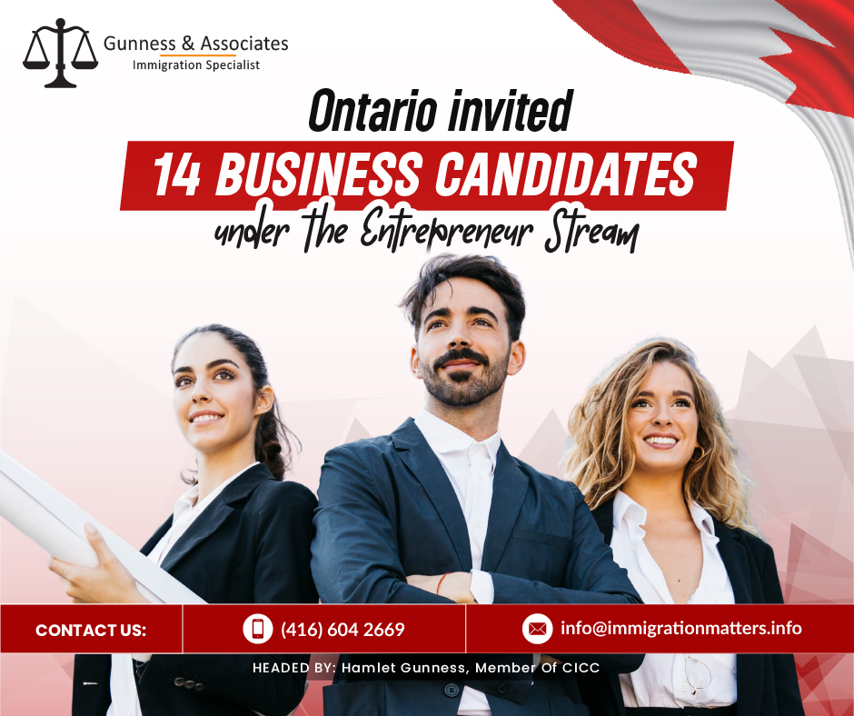 On May 12, 2023, The Ontario Entrepreneur Stream released the new draw results. It was the third draw for business candidates of the year. The province issued 14 Invitations to Apply (ITAs) to business candidates in this draw. This round's Comprehensive Ranking System (CRS) score was between 135 and 178. The OINP noted that those whose Expressions of Interest were scored by May 9, 2023, were eligible for this draw. This year, Ontario invited 17,087 candidates under all streams of the OINP, including 37 entrepreneurs.Ontario Entrepreneur Stream: 2023 DrawsOntario Entrepreneur Stream invitation details as of May 12, 2023, are listed in the table below;DateInvitations IssuedMinimum score rangeMay 12, 202314 135-178March 31, 202313139-159January 27, 202310137-162About the Ontario Entrepreneur Stream The Ontario Immigrant Nominee Program (OINP) has an immigration stream called the Entrepreneur stream. It was created in line with the 2015 Ontario Immigration Act along with its regulations. This stream is for business owners from outside Canada who want to start a new business or acquire an existing business in Ontario.  Once their company has been established in Ontario, it allows an entrepreneur (and up to one foreign national business partner) an opportunity to be nominated for permanent residence. What are the Requirements for Ontario Entrepreneur Stream?An applicant must be able to demonstrate that they have the interest, capability, and financial resources to own and actively manage an Ontario business in order to be eligible to submit an EOI for the Ontario Entrepreneur stream. Because of this, the program requires both a high level of business management experience and a significant financial net worth.Work Experience: For at least 24 of the last 60 months, you have been a business owner or a senior manager (business management) experience.Language Proficiency: Applicants for this stream must have valid language test results demonstrating English language ability at CLB) Level 4 or above Canadian Language Benchmark.Investment requirements: Your net worth must be a minimum of $800,000 if your prospective business is located in the GTA and your net worth must be a minimum of $400,000 if your prospective business is located outside of the Greater Toronto Area (GTA). Click here to get to know about complete Investment factorsAlso, read the latest Canadian Immigration News:OTTAWA ANNOUNCED $65 MILLION IN FUNDING TO IMPROVE SETTLEMENT SERVICESESDC UPDATED PROCESSING TIMES FOR LMIA APPLICATIONSONTARIO INVITED 984 CANDIDATES UNDER TWO STREAMS OF OINPIN THE LATEST PNP-TARGETED EXPRESS ENTRY DRAW CRS DROPS 57 POINTSWant to know more details about the “Ontario Entrepreneur Stream invited 14 business candidates” you can contact one of our immigration specialists at  Gunness & Associates.Tel: (416) 604-2669 Email: info@test.immigrationmatters.infoGunness & Associates has helped thousands of people successfully immigrate to Canada with their families. Our skilled and experienced immigration experts have the expertise to accurately examine your case and advise you on the best method of proceeding to best serve your needs.For honest and straightforward advice, contact the expertsat Gunness & Associates.Get a free Assessment Join our newsletter and get up-to-date immigration news Click hereAll rights reserved ©2023 Gunness & Associates