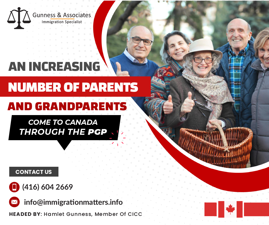 The PGP saw a 4.3% increase in new permanent residents in February, according to the latest data from Immigration, Refugees, and Citizenship Canada (IRCC). A total of 1,805 new permanent residents were welcomed in February, up from 1,730 in January. This growth in popularity for the PGP in February follows a month with a 33% increase in the number of new permanent residents compared to January of the previous year when Canada welcomed 1,300 new permanent residents under the PGP.3,550 parents and grandparents have been able to reconnect with their family members in Canada so far this year due to the PGP in January and February, up 44.9% from the 2,450 who arrived under the same program in the same months last year. In the first two months of this year, Alberta was the second-most popular destination in Canada for parents and grandparents arriving under the PGP. In January and February of this year, Prairie province received 805 of these new permanent residents.Through the PGP, the francophone province of Quebec welcomed 375 new permanent residents, and the other 60 parents and grandparents were divided between the four Atlantic Canadian provinces of Newfoundland and Labrador, Nova Scotia, Prince Edward Island, and New Brunswick. 165 new permanent residents entered Manitoba through the PGP during the first two months of this year, and 130 entered Saskatchewan, the other two Prairie provinces. What is the PGP? The Parents and Grandparents Program (PGP) of Canada is a family reunification program that allows Canadian citizens and permanent residents to sponsor their parents and grandparents to immigrate to and settle permanently in Canada. The goal of the program is to assist Canadian families in staying together and reuniting. Must Read;IMMIGRATION HELPS CANADA INCREASE HUMAN CAPITAL GROWTHMOST CANADIAN PROVINCES PLAN TO INCREASE MINIMUM WAGES IN OCTOBER 2023Want to know more details about “An increasing number of parents and grandparents come to Canada through the PGP” you can contact one of our immigration specialists at Gunness & Associates.Tel: (416) 604-2669 Email: info@test.immigrationmatters.infoGunness & Associates has helped thousands of people successfully immigrate to Canada with their families. Our skilled and experienced immigration experts have the expertise to accurately examine your case and advise you on the best method of proceeding to best serve your needs.For honest and straightforward advice, contact the expertsat Gunness & Associates.Get a free Assessment Join our newsletter and get up-to-date immigration news Click hereAll rights reserved ©2023 Gunness & Associates