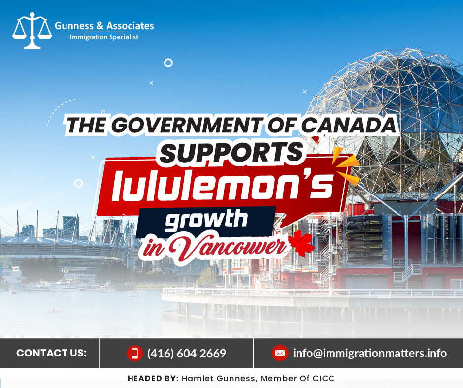 lululemon, a Canadian company with British Columbia roots, has employed thousands of Canadians and brought skilled workers from abroad to the province, driving innovation in Canada.The federal and provincial governments recognized lululemon's expansion project as a significant investment under the Canada-British Columbia Immigration Agreement, allowing the company to welcome international talent in high-skilled occupations.This expansion includes growing store support and global training centres, creating employment growth and knowledge transfer over the next few years. Last year, lululemon employed about 9,000 workers in Canada.The Honourable Sean Fraser, Minister of Immigration, Refugees and Citizenship Stated"Lululemon is a great example of Canadian success. Lululemon has established itself as a symbol of Canadian artisanship and entrepreneurial spirit as a company that stands for innovation, quality, and a rigid commitment to perfection. Our government will continue with an immigration strategy that makes sure companies like Lululemon can attract the talent they need to drive economic growth in Canada even as they maintain their global headquarters there and grow. Let's recognize the significance of supporting our businesses through immigration and investing in the talent of our country since it is only through this synergy that we can ensure a prosperous future for everyone”The Honourable Anne Kang, British Columbia Minister of Municipal Affairs stated:"We support Lululemon to grow their footprint in Vancouver and increase the diversity of their employees. Their investment will help the economy and provide British Columbians with opportunities to work with talented individuals from across the world in well-paying jobs.”About the LululemonAn international sportswear retailer with its main office in British Columbia and US incorporation in Delaware is known as Lululemon athletica. It was founded in 1998 to sell yoga pants and other yoga apparel, but it has since grown to also sell athletic wear, lifestyle clothing, accessories, and personal care items. The business sells both online and at 574 stores across the globe.Lululemon to hire foreign workers without LMIAOn February 28, 2023, the Government of Canada recognized lululemon as a significant investment project in British Columbia. The company will benefit from a facilitative immigration measure under the Canada-British Columbia Immigration Agreement and hire foreign workers for various high-skilled occupations without applying for a labor market impact assessment (LMIA).The Temporary Workers Annex of the Agreement grants British Columbia the authority to specify noteworthy investment enterprises that can be exempted from undergoing an LMIA process. Employment and Social Development Canada and Immigration, Refugees and Citizenship Canada then assess the project to determine if it meets the criteria. Click here to read complete detailsWe regularly share updated Canadian immigration news, want to keep updated, add the latest immigration news in your feed: https://test.immigrationmatters.info/feedWant to know more details about “The Government of Canada supports lululemon’s growth in Vancouver” you can contact one of our immigration specialists at  Gunness & Associates.Tel: (416) 604-2669
Email: info@test.immigrationmatters.infoGunness & Associates has helped thousands of people successfully immigrate to Canada with their families. Our skilled and experienced immigration experts have the expertise to accurately examine your case and advise you on the best method of proceeding to best serve your needs.For honest and straightforward advice, contact the experts
at Gunness & AssociatesGet a free AssessmentJoin our newsletter and get up-to-date immigration news Click hereAll rights reserved ©2023 Gunness & Associates