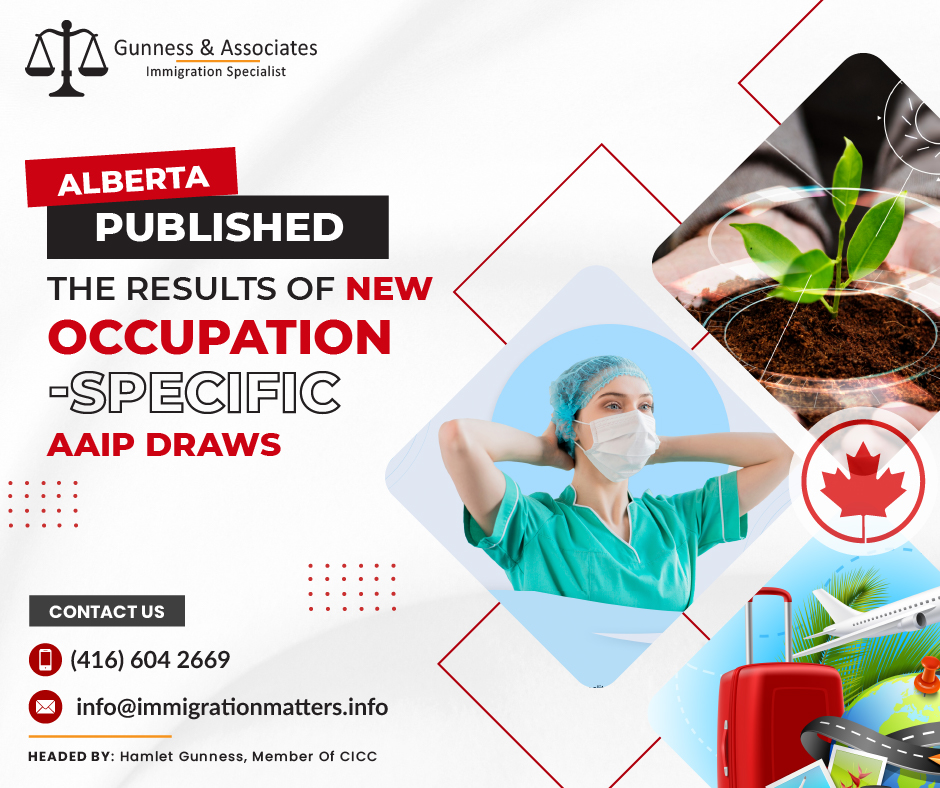 On June 12, 2023, the Government of Alberta published the results of the new invitation rounds in the Alberta Express Entry Stream. The province has held seven AAIP draws since April:May 9, 2023 – 8 candidates under the Designated Healthcare Pathway (minimum score: 307)
May 9, 2023 – 175 candidates with Alberta job offer in the tourism and hospitality sector (minimum score: 444)
May 11, 2023 – 119 candidates under the Family connection pathway (minimum score: 311)
May 23, 2023 – 5 candidates under the Designated Healthcare Pathway (minimum score: 401)
May 30, 2023 – 20 candidates with Alberta job offer in the agriculture sector (minimum score: 342)
June 1, 2023 – 117 candidates under the Family connection pathway (minimum score: 304)
June 8, 2023 – 150 candidates with Alberta job offer in the agriculture sector (minimum score: 382)As of June 12, 2023, the province invited 1,431 Express Entry candidates to apply for a provincial nomination in the Alberta Express Entry and issued 4,583 nomination certificates.Alberta invited 405 candidates by Express Entry in new AAIP draws in AprilThrough the Express Entry-linked stream of the Alberta Advantage Immigration Programme, Alberta held various draws in April.In five draws held during the month, 405 invites were sent out in a number of categories. Alberta Express Entry draws held in April are:53 invites were sent out to applicants with Alberta job offers on April 5 via the Designated Healthcare Pathway. A score of 351 was required by the Comprehensive Ranking System.
On April 18, 68 further invitations were sent to applicants in the agricultural sector who had received a job offer. The minimum score was 307.
A minimum score of 302 was necessary to receive one of the 152 invitations in the April 20 draw for candidates with a family connection and qualifications and experience in a key occupation in demand.
With a minimum score of 301, 124 invitations were sent out to construction workers on April 24.
Additionally, on April 25, eight more invites were sent to applicants who had received job offers and scored at least 316 under the Designated Healthcare Pathway.Also, Read:A HIGH NUMBER OF VACANCIES FOR TRUCK DRIVERS IN ALBERTAALBERTA UPDATED THE AAIP INVENTORYAlberta PNP Occupation In-demand List 2023You must have work experience in an eligible occupation that matches your prior work experience in order to be considered for the provincial nomination. The National Occupation Classification (NOC) skill levels 0, A, B, or C apply to almost all occupations, and they all apply for AINP. High-demand occupations in Alberta with their respective NOC codes are:62010 Retail Sales Supervisors
21211 Data scientists
60020 Retail and Wholesale Trade Managers
62020 Food Service Supervisors
21230 Computer systems developers and programmers
52120 Graphic Designers and Illustrators
41200 University Professors and Lecturers
21231 Software Engineers and Designers
10012 Purchasing Managers
22222 Information System Testing Technicians
42201 Social and Community Service workers
60030 Restaurant and Food Service Managers
70010 Construction Managers
41220 Secondary School Teachers
11109 Other Financial Officers
21300 Civil Engineers
32101 Licensed Practical Nurses
41300 Social Workers
30010 Managers and Health Care
21110 Biologists and Related Scientists
31110 Dentists
80021 Managers in Horticulture
32122 Medical Sonographers
10019 Other Administrative Services Managers
31102 General Practitioners and Family Physicians
62200 Chef
22301 Mechanical Engineering Technologists and Technicians
31121 Dieticians and Nutritionists
22231 Engineering Inspectors and Regulatory Officers
31301 Registered Nurses
13100 Administrative Officers
13110 Administrative Assistants
63200 Cooks
11201 Professional Occupations in Business Management Consulting
13111 Legal Administrative Assistants
12011 Supervisors, Finance and Insurance Office Workers
21301 Mechanical Engineers
10021 Banking, Credit, and Other Investment Managers
40019 Other Managers in Public Administration
21233 Web designers
10022 Advertising, Marketing, and Public Relations Managers
21320 Chemical Engineers
41320 Educational Counselors
52121 Interior Designers
60010 Corporate Sales Managers
21311 Computer Engineers
63202 Bakers
12200 Accounting Technicians and Bookkeepers
60031 Accommodation Service Managers
41210 College and Other Vocational Instructors
22220 Computer Network Technicians
62023 Customer and Information Services Supervisors
22310 Electrical and Electronics Engineering Technologists and Technicians
21310 Electrical and Electronics Engineers
20010 Engineering Managers
10010 Financial Managers
10010 Human Resource Managers
31111 Optometrists
32100 Opticians
63210 Hairstylists and BarbersWe regularly share updated Canadian immigration news, want to keep updated, add the latest immigration news in your feed: https://test.immigrationmatters.info/feed Want to know more details about “Alberta published the results of new occupation-specific AAIP draws” you can contact one of our immigration specialists at  Gunness & Associates.Tel: (416) 604-2669 Email: info@test.immigrationmatters.infoGunness & Associates has helped thousands of people successfully immigrate to Canada with their families. Our skilled and experienced immigration experts have the expertise to accurately examine your case and advise you on the best method of proceeding to best serve your needs.For honest and straightforward advice, contact the expertsat Gunness & AssociatesGet a free Assessment Join our newsletter and get up-to-date immigration news Click hereAll rights reserved ©2023 Gunness & Associates