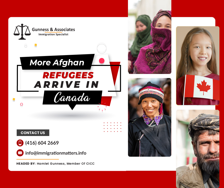 On June 6, 2023, the Government of Canada made a new update regarding the Afghan refugees arriving in the country. The last update shows Canada has accepted 360 Afghan refugees since May 30, 2023. As of now, Canada has welcomed a total of 32,745 Afghan refugees. Canada received 18,695 Afghans and their families' applications under the Special Immigration Measures Program for Afghans who had assisted the Government of Canada in Afghanistan. 10,435 Afghans arrived in Canada under that program, and 17,040 Afghan nationals came under the Humanitarian program. In addition, Canada admitted 1,850 applicants under the pathway for extended family members of former interpreters.The Canadian government is making every effort to quickly and safely rehouse at least 40,000 Afghan refugees in Canada. In order to protect some of Afghanistan's most vulnerable citizens and to represent the profound and enduring relationship that exists with Afghans, Canada has developed a number of specific programs and policies.Special measures for Afghan applicationsCanada is actively looking into measures to make it easier for Afghans to apply for jobs locally as well as globally due to the ongoing situation in Afghanistan. With the goal to resettle 18,000 people, the Special Immigration Measures Program was established.You must meet the following requirements in order to be eligible:You're a citizen of Afghanistan.
During your employment, you had a close and/or long-lasting relationship with the Canadian government.
You or eligible members of your family had been in Afghanistan on or after July 22, 2021.
You are not prohibited from entering Canada.Govt of Canada making efforts to Host Afghan RefugeesAccording to the Canadian government, it is committed to meeting its goal of accepting at least 40,000 Afghan refugees by the end of the year.Since Ottawa mentioned in August 2021 that it would accept thousands of Afghans whose lives would be in danger under the new Taliban regime, more than 30,600 Afghans have been relocated to Canada.By the end of 2023, Canada "is firm in its commitment to resettle at least 40,000 Afghan nationals, which remains one of the largest programs in the world," the spokesperson for Immigration, Refugees and Citizenship Canada (IRCC) told VOA.More than 10,000 individuals who worked in Afghanistan for Canadian organizations and initiatives have been resettled, and more than 16,000 individuals have been admitted, mostly women and civil society workers under humanitarian considerations.We regularly share updated Canadian immigration news, want to keep updated, add the latest immigration news in your feed: https://test.immigrationmatters.info/feed Want to know more details about “More Afghan refugees arrive in Canada ” you can contact one of our immigration specialists at Gunness & Associates.Tel: (416) 604-2669 Email: info@test.immigrationmatters.infoGunness & Associates has helped thousands of people successfully immigrate to Canada with their families. Our skilled and experienced immigration experts have the expertise to accurately examine your case and advise you on the best method of proceeding to best serve your needs.For honest and straightforward advice, contact the expertsat Gunness & AssociatesGet a free Assessment Join our newsletter and get up-to-date immigration news Click hereAll rights reserved ©2023 Gunness & Associates