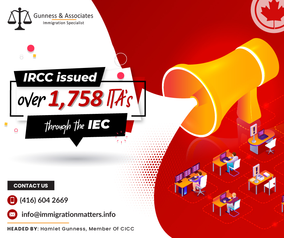 Over the last week, Immigration, Refugees and Citizenship Canada (IRCC) held new draws in the pools of International Experience Canada (IEC). From May 27 to June 2, Canada invited 1,758 ITAs through the IEC and invited young foreigners to apply for an IEC open work permit. As of June 2, 19,919 candidates registered in the pool, awaiting the invitation. In this round, there were:No of ITAsCountry NameNo of ITAsCountry Name5Switzerland229 Australia1Andorra26 Belgium5Croatia33 Costa Rica60 Spain24 Czech Republic8 Denmark1Estonia120 France4 Greece8 Hong Kong93 Ireland54 Italy1Slovenia89 Korea15 Poland115 Germany267 United Kingdom3 Lithuania1Luxembourg20 Netherlands76 New Zealand8 Norway73 Taiwan27 Portugal10 Sweden7 SlovakiaIn 2023, Canada issued 88,380 ITAs under the IEC Program.Also Read:IRCC ISSUED OVER 2,500 IEC INVITATIONS OVER THE LAST WEEKIRCC ISSUED 4,880 INVITATIONS THROUGH THE IEC DRAWSInternational Experience Canada (IEC) ProgramA number of programs known as International Experience Canada (IEC) allow young people from participating countries to visit Canada temporarily to live and work there. If an international applicant completes one of the IEC programs successfully, they will be qualified to apply for a work permit in Canada without the need for a Labour Market Impact Assessment (LMIA). With the acceptance of work permits, IEC permits temporary stay in Canada for a maximum of one year.EC work permits are authorized using a system of random draws. Not all foreign nationals who indicate interest in the program will be chosen. Success chances depend on the quota for each program and country. There are three separate programs administered by the IEC. Interested applicants should confirm the requirements for the various programs even if IEC has general standards. Each program has its own requirements and may lead to a sure kind of work authorization:Working Holiday
Young Professionals
International Co-op InternshipWe regularly share updated Canadian immigration news, want to keep updated, add the latest immigration news in your feed: https://test.immigrationmatters.info/feed Want to know more details about “IRCC issued over 2,500 IEC invitations over the last week” you can contact one of our immigration specialists at Gunness & Associates.Tel: (416) 604-2669 Email: info@test.immigrationmatters.infoGunness & Associates has helped thousands of people successfully immigrate to Canada with their families. Our skilled and experienced immigration experts have the expertise to accurately examine your case and advise you on the best method of proceeding to best serve your needs.For honest and straightforward advice, contact the expertsat Gunness & AssociatesGet a free Assessment Join our newsletter and get up-to-date immigration news Click hereAll rights reserved ©2023 Gunness & Associates