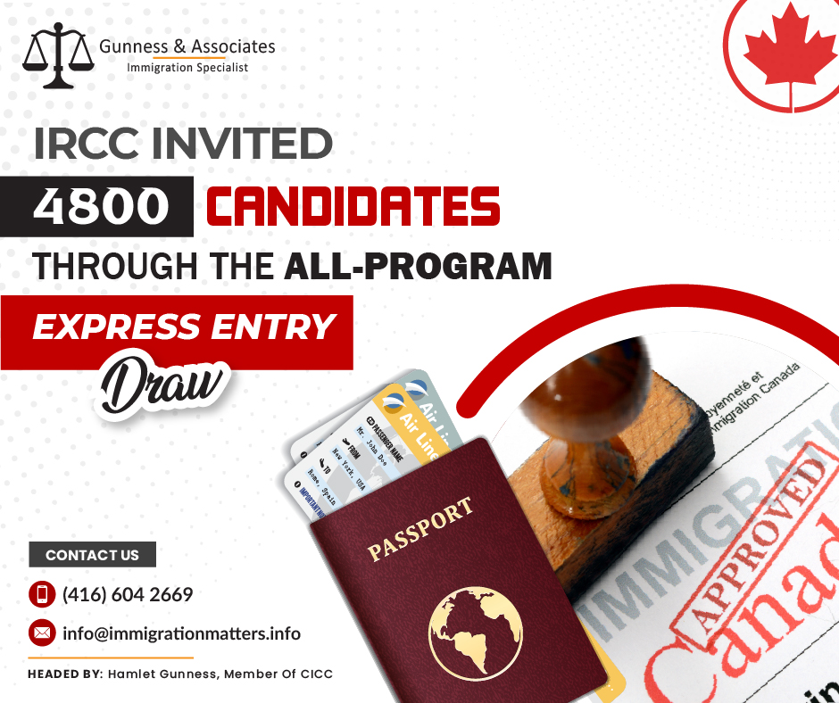 On June 8, 2023, Immigration, Refugees and Citizenship Canada (IRCC) issued 4,800 Invitations to Apply (ITA) to candidates under Express Entry draw round 250. In this draw, IRCC continued inviting candidates under all immigration programs. In round #250, the cut-off score was 486 points, two points fewer than in the previous all-program draw. The tie-breaking rule for this round was May 19, 2023, at 14:04:00 UTC. As of June 8, 2023, there are 222,166 profiles registered in the Express Entry pool, 4,676 fewer than in the previous update. In 2023, Canada issued 54,748 ITAs through fourteen Express Entry draws.Overview of the Latest Express Entry draw round #250The IRCC issued 4,800 Invitations to Apply (ITAs) for Canadian PR visas in this latest Express entry draw #250 to applicants who received a CRS (Comprehensive Ranking System) score of 486 points or above across all categories. In this particular draw, there is exactly the same number of ITAs, however, the CRS score fell slightly by two points, from 488 to 486. In the first half of this year, the IRCC sent out more than 50,000 invitations, which provides hope for those seeking permanent residency in Canada.DateEE draw CategoryNo of ITAsCRSTie-breaking roleJune 8, 2023All Programs4800486May 19, 2023, 14:04:00 UTC This round of invites was open to applicants from all programs, including the Federal Skilled Worker Programme (FSWP), Federal Skilled Trades Programme (FSTP), Canadian Experience Class (CEC), and Provincial Nominee Programme (PNP).Express Entry Category Base SelectionCandidates who are eligible for a certain category assigned by the Minister to accomplish a specific economic seek are invited in category-based rounds of invites. Candidates are asked to submit an application for permanent residency based on criteria like:communication skills in a specific official language.
a specific Training, Education, Experience, work experience and
Responsibilities (TEER) category of the National Occupational Classification (NOC)
EducationTop candidates who can assist in achieving these particular economic goals are invited in category-based rounds, which complement general and program-specific rounds.On May 31, 2023, Canada's immigration minister, Sean Fraser, announced the start of Category-based Selections for the federal Express Entry System. Category-based Express entrance drawings for 2023r will prioritize inviting applicants who have Work experience in the below fields:Language proficiency in French
healthcare professions
Jobs in STEM fields (science, technology, engineering, and math)
trade occupations
jobs in transport
Careers in agriculture and agri-foodClick here if you want to know more details about Express Entry Category Base selectionAlso Read:IRCC ISSUED 4,800 ITAS IN THE RECENT ALL-PROGRAM EXPRESS ENTRY DRAWIN THE LATEST PNP-TARGETED EXPRESS ENTRY DRAW CRS DROPS 57 POINTSWe regularly share updated Canadian immigration news, want to keep updated, add the latest immigration news in your feed: https://test.immigrationmatters.info/feed Want to know more details about “IRCC invited 4,800 candidates through the all-program Express Entry draw round 250” you can contact one of our immigration specialists at Gunness & Associates.Tel: (416) 604-2669 Email: info@test.immigrationmatters.infoGunness & Associates has helped thousands of people successfully immigrate to Canada with their families. Our skilled and experienced immigration experts have the expertise to accurately examine your case and advise you on the best method of proceeding to best serve your needs.For honest and straightforward advice, contact the expertsat Gunness & AssociatesGet a free Assessment Join our newsletter and get up-to-date immigration news Click hereAll rights reserved ©2023 Gunness & Associates