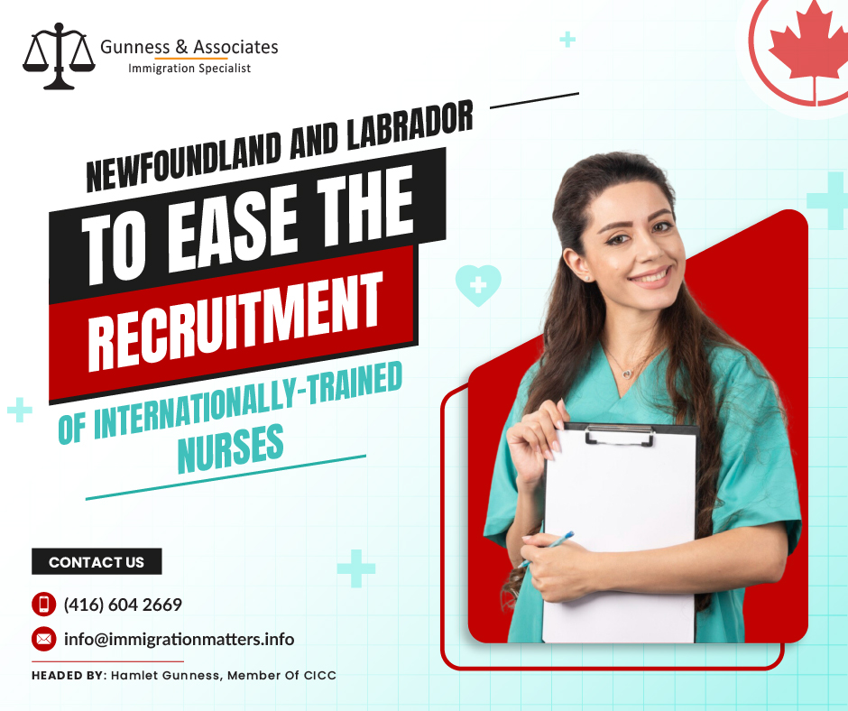 On June 2, 2023, Newfoundland and Labrador made it easier for internationally-trained nurses to work in the province by amending the Registered Nurses Regulations. The changes include establishing a Designated Countries Pathway for nurses from seven countries, including the US, UK, India, the Philippines, Australia, New Zealand, and Ireland, and reducing costs and education assessment time for International Nursing Applicants. The Provincial Government plans to welcome approximately 200-300 nurses from India by the end of this year. Currently, there are already 200 internationally-educated nurses working in the province.More than 500 more nurses have joined the healthcare sector since April 2022. The Provincial Government anticipates being able to recruit more nurses in the province with improved registration and licensing processes.On Friday, June 2, as part of the Health Care Action update, the Hon. Tom Osborne, Minister of Health and Community Services, made the announcement. Lynn Power, Executive Director of the College of Registered Nurses of Newfoundland and Labrador, and Debbie Molloy, Vice-President of Human Resources, were present with Minister Osborne.The amendment will help decrease administrative delays and allow the College of Registered Nurses of Newfoundland and Labrador to register and license applicants more quickly while ensuring that registered nurses are qualified to provide safe and ethical care. These changes will be made in addition to policy changes that were previously approved by the College of Registered Nurses of Newfoundland and Labrador.New Brunswick’s Nurses Association announced streamlining the registration process for foreign-educated nurses The Nurses Association of New Brunswick has announced that the registration process for internationally educated nurses from 14 countries will be expedited. This will cut the time to become registered to work in the province from 12-18 months to as few as 14 days for nurses from the United States, United Kingdom, Australia, New Zealand, Ireland, Hong Kong, India, Philippines, United Arab Emirates, France, Belgium, Switzerland, Morocco, and Lebanon. Click here to read the complete newsWe regularly share updated Canadian immigration news, want to keep updated, add the latest immigration news in your feed: https://test.immigrationmatters.info/feed Want to know more details about “Newfoundland and Labrador to ease the recruitment of internationally-trained nurses” you can contact one of our immigration specialists at Gunness & Associates.Tel: (416) 604-2669 Email: info@test.immigrationmatters.infoGunness & Associates has helped thousands of people successfully immigrate to Canada with their families. Our skilled and experienced immigration experts have the expertise to accurately examine your case and advise you on the best method of proceeding to best serve your needs.For honest and straightforward advice, contact the expertsat Gunness & AssociatesGet a free Assessment Join our newsletter and get up-to-date immigration news Click hereAll rights reserved ©2023 Gunness & Associates