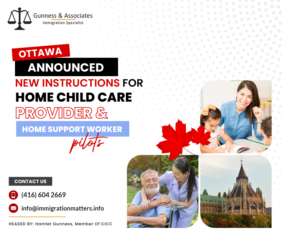 On June 16, 2023, the Government of Canada announced new instructions for assessing new and pending applications under the Home Child Care Provider and Home Support Worker pilots. On April 30, 2023, the Government amended the Ministerial Instructions:reducing the work experience requirement from 24 to 12 months,
clarifying that employers on the job offer must not be businesses,
streamlining the application process for gaining experience category (Category A)
Currently, work authorized under the Immigration and Refugees Protection Regulations will be counted as work experience.About the Home Child Care Provider and Home Support Worker pilotsThe Home Support Worker and Home Child Care Provider Pilot programs help caregivers and their families to get permanent residence in Canada. You may apply for permanent residence in Canada if you have a job offer for a caregiver's position there or if you have previous carer work experience there. Home Child Care Provider Pilot: Caring for young children under the age of 18 is the focus of the Home Child Care Provider Pilot. The applicable NOC is 4411; it is vital for the applicant to confirm that they meet the minimum criteria by checking the employment and educational requirements under this NOC.Home Support Worker Pilot: The Home Support Worker Pilot is intended for people who care for elderly people, people with disabilities, and recuperating patients. The applicable NOC is 4412; it is essential for the applicant to confirm that they meet the minimum criteria by checking the employment and educational requirements under this NOC.Join our RSS Feed Want to know more details about “Ottawa announced new instructions for the Home Child Care Provider and Home Support Worker pilots” you can contact one of our immigration specialists at Gunness & Associates.Tel: (416) 604-2669 Email: info@test.immigrationmatters.infoGunness & Associates has helped thousands of people successfully immigrate to Canada with their families. Our skilled and experienced immigration experts have the expertise to accurately examine your case and advise you on the best method of proceeding to best serve your needs.For honest and straightforward advice, contact the expertsat Gunness & AssociatesGet a free Assessment Join our newsletter and get up-to-date immigration news Click hereAll rights reserved ©2023 Gunness & Associates