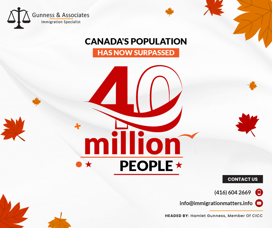 Canada's population has reached a significant milestone, hitting 40 million people just before 3 pm on Friday, June 16. According to Statistics Canada, the country's population growth rate currently stands at 2.7%, its highest since 1957 during the postwar baby boom. This growth rate is due to a few factors, including recent birth trends, deaths, and international migration data. Last year saw a record increase of 1.05 million people, 96% of that increase due to international migration. Statistics Canada predicts that Canada's population could reach 50 million as early as 2043 if current trends continue. This projection underscores the importance of ongoing efforts to manage population growth and ensure that Canada remains a great place to live, work, and raise a family.The significant turning moment in the history of the country comes after a year of growth that broke all previous records. Most of the 1.1 million new permanent and temporary residents that were included in Canada's population in 2022 were immigrants. The increase allowed the 40-million milestone to be achieved faster than expected.It's a wonderful chance to celebrate Canada's growth and reflect on how far we have actually come as a country."Canada has reached an exciting milestone. It is a clear indication that Canada is still a vibrant, welcoming nation with lots of promise,” according to chief statistician Anil Arora, who made the statement to the media.Immigration Levels Plan One of the key strategies that the country uses to deal with its demographic concerns is immigration. The population of Canada is aging, and the country's natural birth rate is insufficient to increase it. As a result, Canada needs immigrants to support both the growth and sustainability of its workforce.Nearly all of the increase in Canada's workforce may be due to immigration. Immigration, Refugees and Citizenship Canada anticipates that by 2023, immigrants will make up roughly 30% of the country's population.Over 460,000 new immigrants will be welcomed annually, according to Canada's Immigration Levels Plan. The objectives of Canadian immigration are to support the economy, reunite families, and aid refugeesCanada's goal for new immigrants in 2023 is 465,000 new permanent residents. By 2024, the goal will increase to 485,000 then 500,000.Post-war Baby Boom The number of births unexpectedly grew in Canada and many other countries after the Second World War. With fertility hitting a peak of 3.94 children per woman in 1959, Canada saw one of the strongest post-war baby booms in the world. That is over three times higher than the previous record low, which was 1.41 in 2020.A record-breaking number of 463,000 babies were born in Canada in 1960. In comparison, just 368,000 babies were born in 2021, despite the fact that the population as a whole was more than twice as large as it was in 1960.Canada's population peaked at 20 million people in 1966, at the end of the baby boom period, with a substantial proportion of children between the years of 0 and 14.Join our RSS Feed Want to know more details about “Canada's population has now surpassed 40 million people” you can contact one of our immigration specialists at Gunness & Associates.Tel: (416) 604-2669 Email: info@test.immigrationmatters.infoGunness & Associates has helped thousands of people successfully immigrate to Canada with their families. Our skilled and experienced immigration experts have the expertise to accurately examine your case and advise you on the best method of proceeding to best serve your needs.For honest and straightforward advice, contact the expertsat Gunness & AssociatesGet a free Assessment Join our newsletter and get up-to-date immigration news Click hereAll rights reserved ©2023 Gunness & Associates