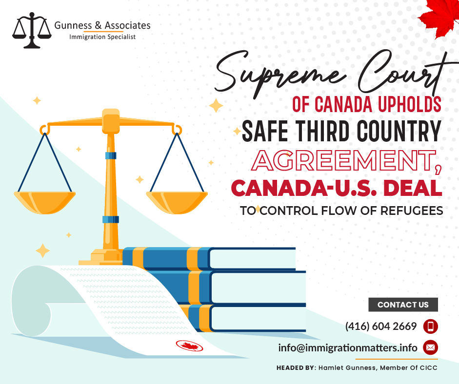 The Canada-US Safe Third Country Agreement to manage the flow of asylum seekers across their common border has been considered legal by Canada's highest court. Refugees are obligated by the agreement to apply for asylum in the first of the two nations they arrive in; if their application is denied by one, they will not be successful if they apply on the other side of the border.The top court was asked by treaty opponents to rule that the laws supporting the agreement violate the rights to life, liberty, and security because many asylum seekers are not truly safe in the United States.The Supreme Court decided that Section 7 of the Charter of Rights and Freedoms is not violated by the proposal for legislation enabling the agreement.The Supreme Court has invited the Federal Court to investigate the opposition's claim that the accord violates Section 15 of the Charter due to the alleged discriminatory treatment of women escaping domestic violence in the United States.The Canadian Press first published this news on June 16, 2023.About the Canada-US Safe Third Country AgreementThe U.S.-Canada Smart Border Action Plan includes the Safe Third Country Agreement between the two nations.Unless they meet the requirements for an exception to the Agreement, those who wish to claim refugee status must do so in the first safe country they arrive.The Agreement allows both governments to more effectively control who has access to each nation's refugee systems when they pass the Canada–U.S. land border. The Agreement was finalized on December 5, 2002, and the two countries signed it. It became effective on December 29, 2004. Following the completion of regulatory modifications, the two countries signed an Additional Protocol to the STCA, which went into effect on March 25, 2023. A revised agreement is represented by the two documents together.According to the Immigration and Refugee Protection Act, Canada has only designated the US as a safe third country.Join our RSS Feed Also, Read:RNIP boosts Manitoba school enrolmentWant to know more details about the “Supreme Court of Canada upholds Safe Third Country Agreement, Canada-U.S. deal to control flow of refugees” you can contact one of our immigration specialists at  Gunness & Associates.Tel: (416) 604-2669 Email: info@test.immigrationmatters.infoGunness & Associates has helped thousands of people successfully immigrate to Canada with their families. Our skilled and experienced immigration experts have the expertise to accurately examine your case and advise you on the best method of proceeding to best serve your needs.For honest and straightforward advice, contact the expertsat Gunness & AssociatesGet a free Assessment Join our newsletter and get up-to-date immigration news Click hereAll rights reserved ©2023 Gunness & Associates