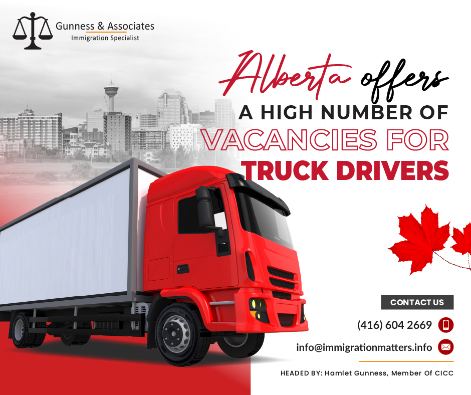 Alberta currently has the second-highest number of job vacancies for truck drivers in Canada, making it an attractive opportunity for foreign nationals seeking work in the country. As of late May, there were 802 trucking jobs listed on the Job Bank website in Alberta, with many employers seeking to fill multiple positions. Edmonton and Calgary-based employers offered most of these jobs, with 446 vacancies in Edmonton and 269 in Calgary. Together, these two cities accounted for 89.1% of all open trucking jobs in Alberta at the time. The median hourly wage for trucking jobs in Alberta is $28, ranging from $18.12 to $37.45 per hour, with the potential to earn more through bonuses. Both the federal and provincial governments are aiding transportation companies in hiring qualified foreign workers for these jobs through immigration policies.If you’re an employer and looking to hire a foreign skilled worker get an assessment from Gunness & AssociatesWhat are the requirements to apply for a truck driver work permit in Canada?To be eligible for a truck driver work permit in Canada and to fulfill their goals and dreams, interested candidates must fulfill all eligibility requirements as stated in the section "Truck driver work permit Canada requirements." Among the fundamental requirements for eligibility are:two years of trucking work experience in a Gulf country.
A license from a Gulf country is required, alongside a truck driver visa.
Proficiency in the English language in speaking, reading, listening, and writing. Reading, listening, speaking, and writing are all rated as having a band of four on the Canadian Language Benchmark (CLB) 5 level.
A designated Canadian employer who has received a positive Labour Market Impact Assessment (LMIA) from Employment and Social Development Canada (ESDC) should endorse the visa application.
Sufficient funds.What are the average wages of the available vacancies for truck drivers?The average wage for a commercial truck driver in Alberta as of June 2, 2023, is $48,889 per year. That works out to about $28, ranging from $18.12 to $37.45 per hour, in case you need a simple payment calculator. This equals $940 a week or $4,074 / month.The majority of Commercial Truck Driver salaries now vary between $41,500 (25th percentile) and $65,000 (75th percentile), with top earners (90th percentile) getting $75,500 per year in Alberta, but according to some reporting wages as high as $88,000 and as low as $22,000.The wide variation in the average wages for commercial truck drivers (up to $23,500), which may indicate multiple opportunities for growth and increased earnings based on experience, location, and skill level, demonstrates that there may be.Foreign skilled workers looking to work in Canada get a free assessment from Gunness & AssociatesAlso, Ontario has the most trucking job vacancies in CanadaOntario has a high demand for qualified workers to fill trucking jobs, making it a great opportunity for foreigners under economic immigration programs. Job Bank listed 882 trucking jobs in late May under the National Occupational Classification 2021 code 73300. The Greater Toronto Area has the most trucking job opportunities, with 56% of the positions in the province. Truckers in Ontario can earn a median hourly wage of $24, which can go up to $32.34 per hour, leading to an annual wage scale of up to $63,063 for a standard 37.5-hour work week. Click here to read complete details about trucking jobs in Ontario. We regularly share updated Canadian immigration news, want to keep updated, add the latest immigration news in your feed: https://test.immigrationmatters.info/feed Want to know more details about “Alberta offers a high number of vacancies for truck drivers” you can contact one of our immigration specialists at Gunness & Associates.Tel: (416) 604-2669 Email: info@test.immigrationmatters.infoGunness & Associates has helped thousands of people successfully immigrate to Canada with their families. Our skilled and experienced immigration experts have the expertise to accurately examine your case and advise you on the best method of proceeding to best serve your needs.For honest and straightforward advice, contact the expertsat Gunness & AssociatesGet a free Assessment Join our newsletter and get up-to-date immigration news Click hereAll rights reserved ©2023 Gunness & Associates