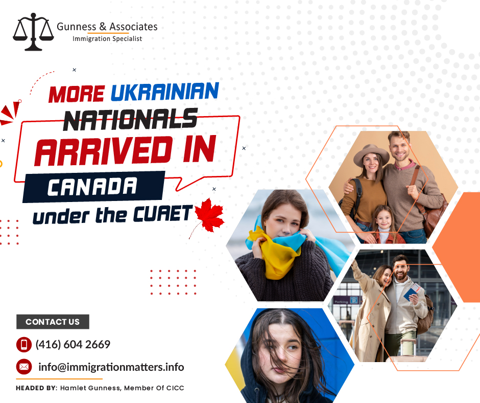 On June 13, 2023, Immigration, Refugees and Citizenship Canada (IRCC) updated the number of Ukrainian newcomers arriving in Canada under the CUAET Program.According to the latest update, between January 1, 2022, and June 11, 2023, 32,670 Ukrainians arrived in Canada by land, and 201,872 Ukrainians reached by air. Between March 17, 2022, and June 3, 2023, IRCC received 1,050,954 applications under the CUAET. In total, IRCC has approved 754,257 applications from Ukrainian nationals. From March 17, 2022, to June 3, 2023, 158,677 Ukrainian arrived in Canada under the CUAET program.Canada-Ukraine Authorization for emergency travel Program One of the many unique programs the Canadian government took to assist the people of Ukraine is the Canada-Ukraine Authorization for emergency travel (CUAET). It offers free, extended temporary status to Ukrainians and their families, enabling them to live, work, and study in Canada until it is safe for them to return home.  Before, during, and after their immigration to Canada, Ukrainians and their families continue to receive support from settlement organizations and non-governmental organizations across the country. Local settlement service providers will continue to recommend CUAET clients apply for temporary housing and support help.Benefits and Features of the CUAET ProgramUkrainians and their relatives migrating to Canada from abroadcan apply for a free visitor visa and might be given permission to stay in Canada for three years rather than the usual six-month period.
have the opportunity to submit a free open work permit application along with their visa application, allowing them to find work as soon as possible.
will, in ordinary, non-complex cases, have their electronic visa application processed within 14 days of receiving a complete application.
They are exempt from the COVID-19 vaccination requirements for acceptance into Canada, but they still have to submit to all other public health standards for travel, such as testing and quarantine.Ukrainians who receive or currently have temporary status in Canada, with their familiesmay for a three-year extension of their temporary residence status.
can leave and enter Canada whenever their visa remains in issue.
can do this without paying for a new employment or study visa.
can submit a free application for a new work or study permit.
are qualified to enroll in both elementary and secondary education.
If they weren't doing so when initially reaching Canada, they could've been asked to complete and pay for an immigration medical exam (IME).Every Ukrainian, with their family members They will not be charged for most of their application and processing fees, such as visa application fees, fees for biometric data collection, fees for applying for work and study permits, fees for visitor extensions, and fees for renewing work and study permits.
all of their IRCC applications will be processed in priority order.
If they are qualified, they may apply for permanent residency via a number of different immigration programs and streams.
have access to the dedicated service channel of the IRCC.Join our RSS Feed Want to know more details about “More Ukrainian nationals arrived in Canada under the CUAET” you can contact one of our immigration specialists at  Gunness & Associates.Tel: (416) 604-2669 Email: info@test.immigrationmatters.infoGunness & Associates has helped thousands of people successfully immigrate to Canada with their families. Our skilled and experienced immigration experts have the expertise to accurately examine your case and advise you on the best method of proceeding to best serve your needs.For honest and straightforward advice, contact the expertsat Gunness & AssociatesGet a free Assessment Join our newsletter and get up-to-date immigration news Click hereAll rights reserved ©2023 Gunness & Associates