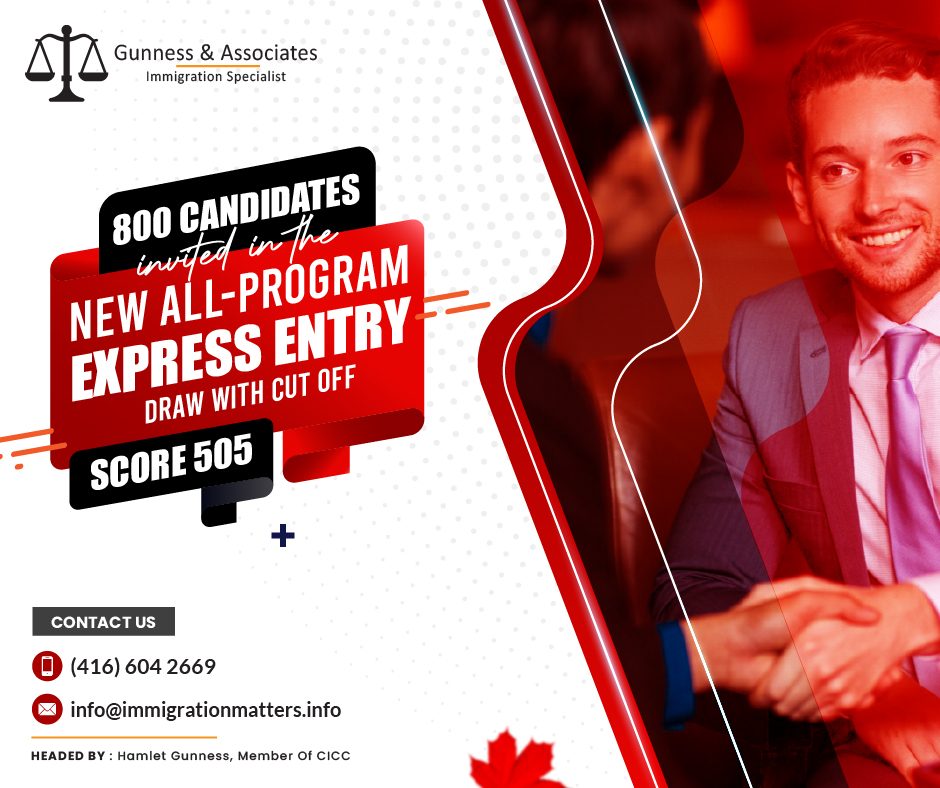 On July 11, 2023, IRCC issued 800 Invitations to Apply (ITA) to candidates in the new all-program Express Entry draws. In this draw, IRCC invited candidates under all immigration programs. In round #257, the cut-off score was 505 points, 6 points fewer than in the previous all-program draw. The tie-breaking rule for this round was October 01, 2022, at 06:13:05 UTC. As of July 11, 2023, there are 209,263 profiles registered in the Express Entry pool, 5,266 fewer than in the previous update. In 2023, Canada issued 65,348 ITAs through Express Entry draws.New all-program Express Entry draws 2023On May 31, 2023, Canada announced the category-based selections for Express Entry. Except for these category-based draws Canada has already had 12 all-program draws, including four PNP, two occupation-specific, and one each for francophone candidates and Federal Skilled Workers. We can take a look at the All-Program Express Entry draws as of July 07, 2023Draw no DateRound typeInvitationsCRS score257July 11, 2023All Program Draw800 505253July 4, 2023All Program Draw700511251June 27, 2023All Program Draw4,300486250June 8, 2023All Program Draw4,800486249May 24, 2023All Program Draw4,800488247April 26, 2023All Program Draw3,500483246April 12, 2023All Program Draw3,500486245March 29, 2023All Program Draw7,000481244March 23, 2023All Program Draw7,000484243March 15, 2023All Program Draw7,000490238January 18, 2023All Program Draw5,500490237January 11, 2023All Program Draw5,500507Click here to read all Express Entry Draws 2023 details as of July 11, 2023How to immigrate through Express Entry?Express Entry is an online system for managing immigration applications from skilled workers to Canada. Through Express Entry, three immigration programs are managed: Canadian Experience Class: For skilled workers with Canadian work experience, work experience must have been gained during the three years preceding your application.
Federal Skilled Worker Program: For skilled individuals with international work experience, education, and other criteria must be met.
Federal Skilled Trades Program: for skilled individuals who have a valid employment offer or a certificate of qualification in a skilled trade.Join our RSS Feed Want to know more details about the “800 candidates invited to the new all-program Express Entry draw” you can contact one of our immigration specialists at Gunness & Associates.Tel: (416) 604-2669 Email: info@test.immigrationmatters.infoGunness & Associates has helped thousands of people successfully immigrate to Canada with their families. Our skilled and experienced immigration experts have the expertise to accurately examine your case and advise you on the best method of proceeding to best serve your needs.For honest and straightforward advice, contact the expertsat Gunness & AssociatesGet a free Assessment Join our newsletter and get up-to-date immigration news Click hereAll rights reserved ©2023 Gunness & Associates