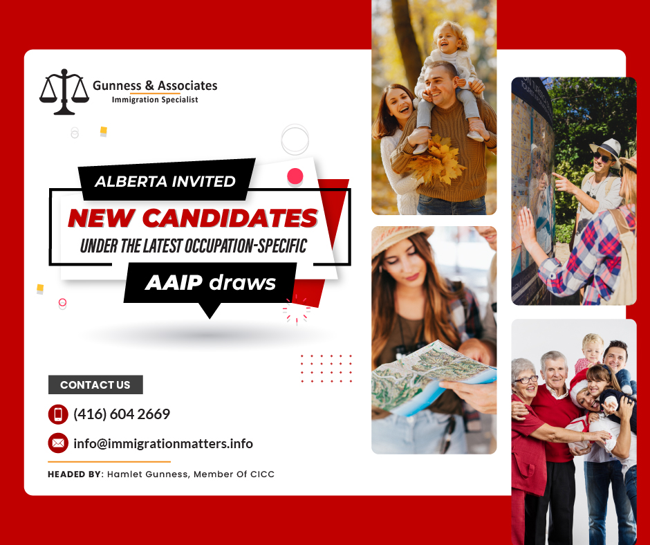 On July 21, 2023, the Government of Alberta published the results of the new invitation rounds under the latest occupation-specific AAIP draws. The province held two draws under the Alberta Advantage Immigration Program (AAIP). On July 11, 2023, Alberta invited 150 candidates with Alberta job offer in the tourism and hospitality sector. The CRS score for the applicant with the lowest rank taken into consideration in this draw was 435. Therefore, every other candidate taken into consideration for this draw had a CRS score higher than 435. On July 13, 2023, the AAIP invited 142 candidates under the Family Connection pathway. These 142 applicants fit the criteria of the principal occupation and family link. Overall the number of invitations and the CRS score was less. The candidate with the lowest CRS score only had a 302 overall.As of July 21, 2023, the province invited 2,012 Express Entry candidates to apply for a provincial nomination in the Alberta Express Entry and issued 6,003 nomination certificates.Results of the latest occupation-specific AAIP draws On July 11 and 13, 2023, Alberta held the latest occupation-specific AAIP draws of the Alberta Advantage Immigration Program. In total, Alberta submitted 292 Notifications of Interest (NOIs) to apply for provincial nomination in each of these draws. Candidates who scored between 302 and 435 on the CRS were invited to apply. Details can be overviewed in the table below:Date NOIsCRSDescriptionJuly 13, 2023142302Family connection and primary occupation in demand, CRS score 300-500July 11, 2023150435Priority sector - Tourism and hospitality occupation with Alberta job offer, CRS score 300-500What is Alberta Express Entry Stream?A limited number of qualifying applicants may be nominated by Alberta through the Express Entry system of Immigration, Refugees, and Citizenship Canada under the Alberta Express Entry Stream. The Alberta Express Entry System's priorities and methods of selecting applicants are provided as a courtesy and are subject to change at any time. The Alberta Express Entry Stream has to extend invitations to applicants. How to be selected for Alberta Express Entry Stream?Candidates may be asked to submit an application or receive a Notification of Interest (NOI) letter if they have one of the following:a connection with personal family members in Alberta and experience in an in-demand occupation, 
a job offer from an Alberta employer in the healthcare industry and are licensed to practice in one of the qualified healthcare professions under the Designated Healthcare Pathway; expedited processing applies
a job offer for an eligible tech occupation from an Alberta employer in an eligible tech industry under the Accelerated Tech Pathway; an initial Accelerated Tech Pathway web form is required as a first step and expedited processing applies 
experience is required to help meet labor needs in major sectors like agriculture, construction, tourism, and hospitalityJoin our RSS Feed Want to know more details about “Alberta published the results of the new AAIP draws in the Alberta Express Entry Stream” you can contact one of our immigration specialists at  Gunness & Associates.Tel: (416) 604-2669 Email: info@test.immigrationmatters.infoGunness & Associates has helped thousands of people successfully immigrate to Canada with their families. Our skilled and experienced immigration experts have the expertise to accurately examine your case and advise you on the best method of proceeding to best serve your needs.For honest and straightforward advice, contact the expertsat Gunness & AssociatesGet a free Assessment Join our newsletter and get up-to-date immigration news Click hereAll rights reserved ©2023 Gunness & Associates