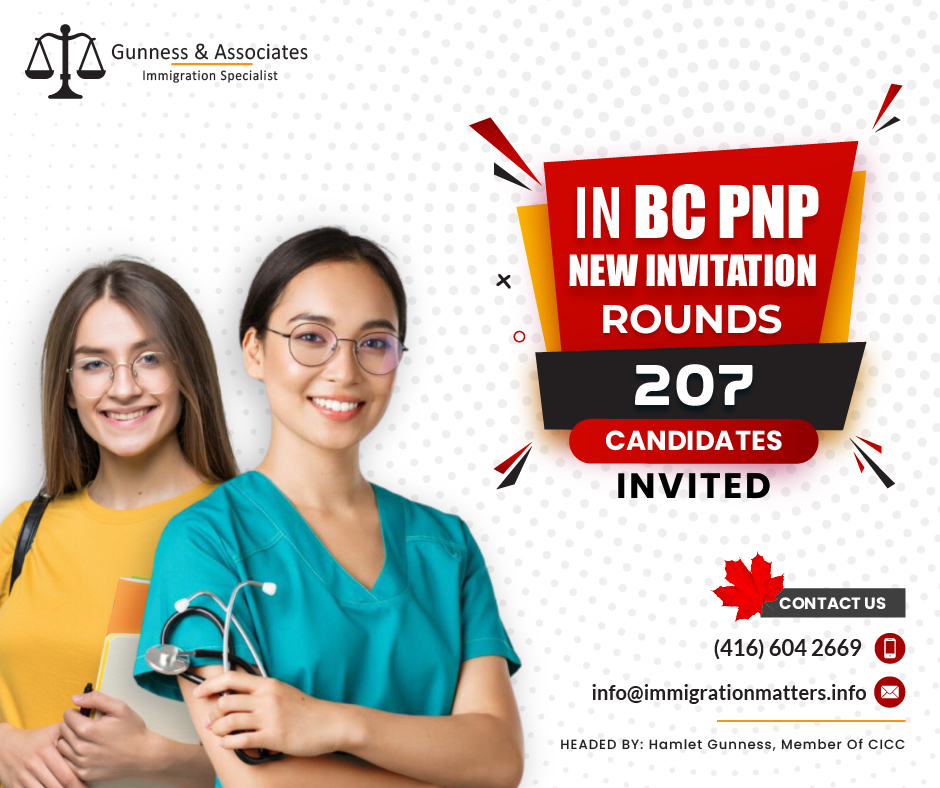 On July 11, 2023, the Government of British Columbia issued new BC PNP new invitation rounds under the British Columbia Provincial Nominee Program (BC PNP) and invited qualified Skills Immigration candidates. In the general draw, the province invited 152 candidates. The minimum score for candidates invited to this draw was 87-109 points. The province issued 35 ITAs to candidates under the childcare-targeted draw for early childhood educators (NOC 42202). In the Healthcare-targeted draw, BC invited 15 candidates who scored 60 points. In addition, the province invited fewer than five candidates working in other priority occupations. In total, British Columbia issued up to 207 ITAs in this draw. This year, British Columbia has already invited 5,654 candidates.Click here to get details for BC PNP draw 2023Results of the BC PNP new invitation roundThe province of British Columbia issued about 152 Invitations to Apply (ITAs) to qualified candidates in the BC PNP new invitation round. In addition to the main draw, the most recent BC PNP round included targeted draws, which resulted in about 55 Invitations to Apply (ITAs) sent to eligible candidates. These ITAs were assigned to three groups of candidates: childcare, healthcare, and other priority occupations. In the table below there results for the BC PNP new invitation round:DateInvitationsStreamScoreDescriptionJuly 11, 2023152Skilled Worker106General draw(includes tech occupations)Skilled Worker – EEBC option106International Graduate109International Graduate – EEBC option109Entry Level and Semi-Skilled87July 11, 202335Skilled Worker, International Graduate (includes EEBC option)60Targeted draw: Childcare: Early childhood educators and assistants (NOC 42202)July 11, 202315Skilled Worker, International Graduate (includes EEBC option)60Targeted draw: HealthcareJuly 11, 2023<5Skilled Worker, International Graduate (includes EEBC option)60Targeted draw: Other priority occupations (NOCs 31103, 32104)BC PNP’s Skills Immigration Stream British Columbia Provincial Nominee Program (BC PNP), a Provincial Nominee Program (PNP) run by the province of British Columbia, contains a number of immigration streams referred to as British Columbia Skills Immigration. Workers and foreign graduates who have the skills, education, and/or experience necessary to effectively contribute to the BC economy may be nominated for permanent residence in Canada through the BC Skills Immigration programs.The BC Skills Immigration program offers the following streams:BC Skilled Worker
BC Healthcare Professional
BC International Graduate
BC International Post-Graduate
BC Entry Level and Semi-Skilled WorkerJoin our RSS Feed Want to know more details about “In BC PNP new invitation rounds 207 candidates invited” you can contact one of our immigration specialists at Gunness & Associates.Tel: (416) 604-2669 Email: info@test.immigrationmatters.infoGunness & Associates has helped thousands of people successfully immigrate to Canada with their families. Our skilled and experienced immigration experts have the expertise to accurately examine your case and advise you on the best method of proceeding to best serve your needs.For honest and straightforward advice, contact the expertsat Gunness & AssociatesGet a free Assessment Join our newsletter and get up-to-date immigration news Click hereAll rights reserved ©2023 Gunness & Associates