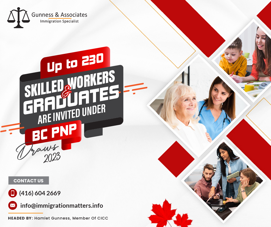 BC PNP Draws 2023: the Government of British Columbia issued new invitations under the British Columbia Provincial Nominee Program (BCPNP) and invited qualified Skills Immigration candidates. In the general draw, the province invited 175 candidates. The minimum score for candidates invited to this draw was 87-109 points. The province issued 30 ITAs to candidates under the childcare-targeted draw for early childhood educators (NOC 42202). In the Healthcare-targeted draw, BC invited 20 candidates who scored 60 points. In addition, the province invited fewer than five candidates working in other priority occupations. In total, British Columbia issued up to 230 ITAs in this draw. This year, British Columbia has already invited 6,056 candidates.The following factors may be used to target invitations to apply to the Skills Immigration streams in a draw:education level, topic of study, and place of completion
Eligible professional designations in B.C.
language proficiency
Occupation
length of work and level of expertise
Occupational wage and/or skill level offered
want to work, live, and establish oneself in a particular area
Strategic goals are elements that support government pilot programs and initiatives or address specific labor market needs in British Columbia.BC PNP Draws 2023 You can find out details on the most recent BC PNP draw 2023 their dates, the number of invitations to apply (ITAs) issued to submit nomination applications, the draw streams that were held, and any specific factors targeted. In the table below you can find details for BC PNP Draws for July 2023 till 25 July. To know details of the complete BC PNP draws of 2023 Click hereDateInvitationsStreamScoreDescriptionJuly 25, 2023175Skilled Worker106General draw (includes tech occupations)Skilled Worker - EEBC option106International Graduate109International Graduate - EEBC option109Entry Level and Semi-Skilled87July 25, 202330Skilled Worker, International Graduate (includes EEBC option)60Targeted draw: Childcare: Early childhood educators and assistants (NOC 42202)2060Targeted draw: Healthcare<560Targeted draw: Other priority occupations (NOCs 31103, 32104)July 18, 2023112Skilled Worker, International Graduate (includes EEBC option)88Targeted draw: Tech3960Targeted draw: Childcare: Early childhood educators and assistants (NOC 42202)1660Targeted draw: Healthcare<560Targeted draw: Other priority occupations (NOCs 31103, 32104)July 11, 2023152Skilled Worker106General draw (includes tech occupations)Skilled Worker - EEBC option106International Graduate109International Graduate - EEBC option109Entry Level and Semi-Skilled87July 11, 202335Skilled Worker, International Graduate (includes EEBC option)60Targeted draw: Healthcare1560Targeted draw: Childcare: Early childhood educators and assistants (NOC 42202)<560Targeted draw: Other priority occupations (NOCs 31103, 32104)July 5, 202397Skilled Worker, International Graduate (includes EEBC option)90Targeted draw: Tech2360Targeted draw: Childcare: Early childhood educators and assistants (NOC 42202)1760Targeted draw: HealthcareJuly 5, 202397Skilled Worker, International Graduate (includes EEBC option)90Targeted draw: TechJoin our RSS Feed Want to know more details about “Up to 230 Skilled Workers And Graduates are invited under BC PNP Draws 2023” you can contact one of our immigration specialists at  Gunness & Associates.Tel: (416) 604-2669 Email: info@test.immigrationmatters.infoGunness & Associates has helped thousands of people successfully immigrate to Canada with their families. Our skilled and experienced immigration experts have the expertise to accurately examine your case and advise you on the best method of proceeding to best serve your needs.For honest and straightforward advice, contact the expertsat Gunness & AssociatesGet a free Assessment Join our newsletter and get up-to-date immigration news Click hereAll rights reserved ©2023 Gunness & Associates