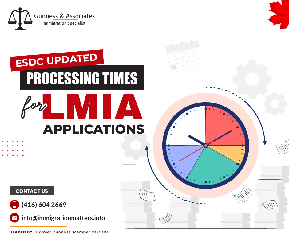 On July 10, 2023, Employment and Social Development Canada (ESDC) updated the processing times for LMIA applications under various streams. Service Canada is committed to providing all Temporary Foreign Worker Program (TFWP) applicants excellent client service and acknowledges the significance of the program in solving Canada's labor shortages and meeting the needs of Canadian businesses.Depending on the number of applications the TFWP receives, processing times for LMIA applications may vary. Once you get a positive response from Immigration, Refugees and Citizenship Canada (IRCC) about your LMIA application, work permits will then be granted.Update processing times for LMIA applications for July 2023Based on statistics from all processing centers, the current average LMIA processing times have increased for the Permanent residence Stream, In-home caregivers, and Low-wage Stream. Global Talent Stream - 13 business days (-7 days)
Agricultural stream - 11 business days (-3 days)
Seasonal Agricultural Worker Program - 7 business days (-1 day)
Permanent residence Stream - 54 business days (+8 days)
In-home caregivers – 23 business days (+2 days)
High-wage Stream - 40 business days (-1 day)
Low-wage Stream - 50 business days (+1 day)If you’re an employer and looking to get an LMIA and hire a foreign skilled worker for your business get an assessment with Gunness & AssociatesWhat is a Labour Market Impact Assessment?Before hiring a foreign worker, a Canadian business may require to get a Labour Market Impact Assessment (LMIA). A positive LMIA will demonstrate that a foreign worker is required to fill the position. Additionally, it will demonstrate that no Canadian citizen or permanent resident is qualified for the position. A confirmation letter is another name for a positive LMIA.The worker can submit a work permit application after the employer receives the LMIA.Applicants for work permits must meet the following requirements:a job offer letter,
a contract,
a copy of the LMIA, and
the LMIA numberJoin our RSS Feed Want to know more details about “ESDC updated processing times for LMIA applications” you can contact one of our immigration specialists at Gunness & Associates.Tel: (416) 604-2669 Email: info@test.immigrationmatters.infoGunness & Associates has helped thousands of people successfully immigrate to Canada with their families. Our skilled and experienced immigration experts have the expertise to accurately examine your case and advise you on the best method of proceeding to best serve your needs.For honest and straightforward advice, contact the expertsat Gunness & AssociatesGet a free Assessment Join our newsletter and get up-to-date immigration news Click hereAll rights reserved ©2023 Gunness & Associates