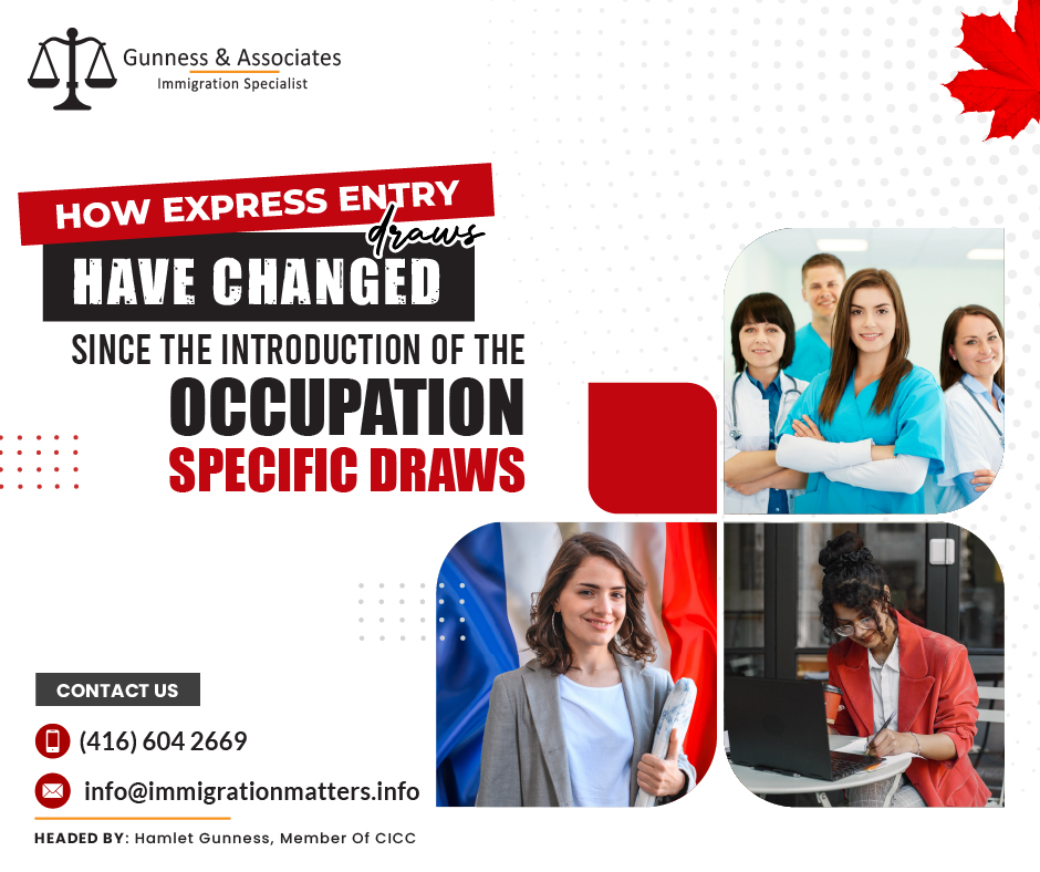 Canada Express Entry draws have changed with the introduction of occupation-specific draws, which began with 500 invitations for healthcare workers on June 28. Immigration, Refugees and Citizenship Canada (IRCC) have issued 10,100 invitations since then, with only 1,500 through all-program draws. The other invitations included 6,100 for Francophone candidates, 2,000 for healthcare workers, and 500 for candidates in STEM occupations. Previously, most invitations were issued through all-program draws. IRCC conducted all-program draws every two weeks with the occasional program-specific draw. The CRS score has risen into the 500s with the reduced frequency of all-programs draws.Express Entry occupation-specific draws Background On May 31, 2023, the Government of Canada launched a new selection category under Express Entry, allowing IRCC to invite prospective permanent residents with specific skills, training, or language ability. This year, invitations will focus on candidates with strong French language proficiency or experience in: healthcare,
STEM professions,
trades,
transport,
agriculture, and
agri-food. Category-based selection supports Canada’s commitment to welcoming skilled workers into communities nationwide. Click here to know complete details about Express Entry category-based selections. Full List of STEM Occupations to be TargetedThe complete list of Science, Technology, Engineering, and Math (STEM) occupations with NOC codes and TEER category are listed in the table below:OccupationsNOC codeTEER categoryArchitects212001Architecture and science managers200110Business systems specialists212211Civil Engineers213001Computer and information systems managers200120Computer engineers (except software engineers and designers)213111Computer systems developers and programmers212301Cybersecurity specialists212201Data scientists212111Database analysts and data administrators212231Electrical and electronics engineers213101Engineering managers200100Industrial and manufacturing engineers213211Information systems specialists212221Land surveyors212031Landscape Architects212011Mathematicians, statisticians, and actuaries212101Metallurgical and materials engineers213221Natural and applied science policy researchers, consultants, and program officers414001Software developers and programmers212321Software engineers and designers212311Urban and land use planners212021Web designers212331Web developers and programmers212341How are selection categories created under Express Entry?The categories were chosen in accordance with legal requirements that the Minister take part in open consultation with provinces and territories, business leaders, workers’ supporters, unions, employers, and organizations that provide services for settling immigrants. The IRCC will report yearly to Parliament on:the categories were chosen from the previous year
why and how they were chosen
the instructions to establish a category
the number of invitations issued for each categoryJoin our RSS Feed Want to know more details about “How Express Entry draws have changed since the introduction of the occupation-specific draws” you can contact one of our immigration specialists at Gunness & Associates.Tel: (416) 604-2669 Email: info@test.immigrationmatters.infoGunness & Associates has helped thousands of people successfully immigrate to Canada with their families. Our skilled and experienced immigration experts have the expertise to accurately examine your case and advise you on the best method of proceeding to best serve your needs.For honest and straightforward advice, contact the expertsat Gunness & AssociatesGet a free Assessment Join our newsletter and get up-to-date immigration news Click hereAll rights reserved ©2023 Gunness & Associates