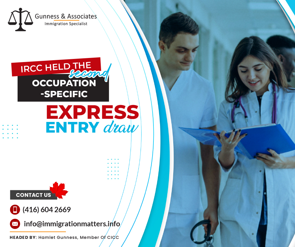 On July 6, 2023, Immigration, Refugees and Citizenship Canada (IRCC) held the second occupation-specific Express Entry draw and issued 1500 Invitations to Apply (ITA) to candidates working in healthcare occupations. In round #255, the cut-off score was 463 points, 13 points fewer than in the previous healthcare-targeted Express Entry draw. The tie-breaking rule for this round was June 19, 2023, at 06:41:05 UTC. As of July 4, 2023, there were 214,529 profiles registered in the Express Entry pool. This year, Canada issued 62,248 ITAs through the Express Entry draws.The second consecutive week of targeted healthcare draws occurs at the end of June as well as the first week of July. The first targeted Express Entry draw was held by IRCC on June 28th, issuing 500 ITAs to healthcare workers with a minimum CRS score of 476.Another 500 ITAs were issued to STEM workers in the Express Entry pool who had a minimum CRS score of 486, as a result of IRCC's first targeted STEM draw on July 4.What are healthcare-eligible occupations for occupation-specific Express Entry draws?These are the Healthcare occupations for the occupation-specific Express Entry Draws:31112 – Audiologists and speech-language pathologists
31201 – Chiropractors
31110 – Dentists
31121 – Dieticians and nutritionists
41320 – Education counselors
31102 – General practitioners and family physicians
42203 – Instructors of persons with disabilities
31204 – Kinesiologists and other professional occupations in therapy and assessment
32101 – Licensed practical nurses
32201 – Massage therapists
33101 – Medical laboratory assistants and related technical occupations
32120 – Medical laboratory technologists
32121 – Medical radiation technologists
32122 – Medical sonographers
33102 – Nurse aides, orderlies, and patient service associates
31302 – Nurse practitioners
31300 – Nursing co-ordinators and supervisors
31203 – Occupational therapists
31111 – Optometrists
33109 – Other assisting occupations in support of health services
32209 – Other practitioners of natural healing
31209 – Other professional occupations in health diagnosing and treating
32109 – Other technical occupations in therapy and assessment
32102 – Paramedical occupations
33103 – Pharmacy technical assistants and pharmacy assistants
31303 – Physician assistants, midwives, and allied health professionals
31202 – Physiotherapists
31200 – Psychologists
31301 – Registered nurses and registered psychiatric nurses
32103 – Respiratory therapists, clinical perfusionists, and cardiopulmonary technologists
31100 – Specialists in clinical and laboratory medicine
31101 – Specialists in surgery
41301 – Therapists in counseling and related specialized therapies
32200 – Traditional Chinese medicine practitioners and acupuncturists
31103 – VeterinariansExpress Entry Draws 2023CRS Score Distribution in Express Entry DrawCRS score rangeNumber of candidates601-1200353501-600726451-50054,732491-500831481-4904,719471-48020,475461-47016,023451-46012,684401-45056,673441-45011,740431-44012,309421-43010,008411-42010,873401-41011,743Join our RSS Feed Want to know more details about “IRCC held the second occupation-specific Express Entry draw” you can contact one of our immigration specialists at Gunness & Associates.Tel: (416) 604-2669 Email: info@test.immigrationmatters.infoGunness & Associates has helped thousands of people successfully immigrate to Canada with their families. Our skilled and experienced immigration experts have the expertise to accurately examine your case and advise you on the best method of proceeding to best serve your needs.For honest and straightforward advice, contact the expertsat Gunness & AssociatesGet a free Assessment Join our newsletter and get up-to-date immigration news Click hereAll rights reserved ©2023 Gunness & Associates