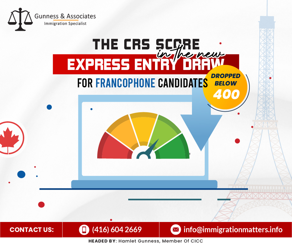 On July 12, 2023, Immigration, Refugees and Citizenship Canada (IRCC) held a new Express Entry draw for Francophone candidates, selecting candidates for French language proficiency. In round #258, IRCC issued 3,800 Invitations to Apply (ITA) to qualified candidates. This round had the lowest cut-off score – 375, 64 points fewer than the previous draw for this category. The tie-breaking rule for this round was June 15, 2023, at 23:49:05 UTC. As of July 12, 2023, there were 209,263 profiles registered in the Express Entry pool. This year, Canada issued 69,148 ITAs through the Express Entry draws.This was the second draw targeting French speakers, on 31 May, 2023 Canada announced category-based selections in Express Entry. Category-based selection supports Canada's commitment to welcoming skilled workers into communities nationwide. Click here to complete details about the Express Entry Category base selection. Except for these category-based draws Canada has already had 12 all-program draws, including four PNP, two occupation-specific, and 2 for francophone candidates and Federal Skilled Workers. Targeted Express Entry Draws 2023Targeted Express Entry draws started on the last week of July, as it was announced as of May 31. The table below has details about category-based targeted express entry draws as of July 12, 2023DateDraw TypeInvitationsCRS ScoreJuly 12, 2023French Language Proficiency3,800375July 7, 2023French Language Proficiency2,300439July 6, 2023Health Occupations1,500463July 5, 2023STEM Occupations500486June 28, 2023Health Occupations500476How to immigrate through Express Entry?Express Entry is an online system for managing immigration applications from skilled workers to Canada. Through Express Entry, three immigration programs are managed: Canadian Experience Class: For skilled workers with Canadian work experience, work experience must have been gained during the three years preceding your application.
Federal Skilled Worker Program: For skilled individuals with international work experience, education, and other criteria must be met.
Federal Skilled Trades Program: for skilled individuals who have a valid employment offer or a certificate of qualification in a skilled trade.Join our RSS Feed Want to know more details about “The CRS score in the new Express Entry draw for Francophone candidates dropped below 400” you can contact one of our immigration specialists at Gunness & Associates.Tel: (416) 604-2669 Email: info@test.immigrationmatters.infoGunness & Associates has helped thousands of people successfully immigrate to Canada with their families. Our skilled and experienced immigration experts have the expertise to accurately examine your case and advise you on the best method of proceeding to best serve your needs.For honest and straightforward advice, contact the expertsat Gunness & AssociatesGet a free Assessment Join our newsletter and get up-to-date immigration news Click hereAll rights reserved ©2023 Gunness & Associates