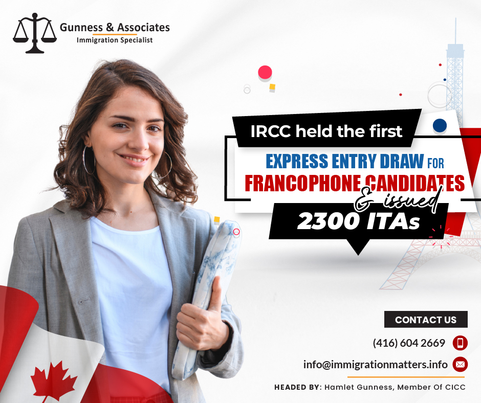 On July 7, 2023, Immigration, Refugees and Citizenship Canada (IRCC) held the first Express Entry draw for Francophone candidates, selecting candidates for French language proficiency. In round #256, IRCC issued 2,300 Invitations to Apply (ITA) to qualified candidates. This round had the lowest cut-off score of 2023 – 439 points! The tie-breaking rule for this round was January 20, 2023, at 17:18:32 UTC. As of July 4, 2023, there were 214,529 profiles registered in the Express Entry pool. This year 2023, Canada issued 64,548 ITAs through the Express Entry draws. There were 45, 115 candidates in the whole of 2022.Canada started conducting draws that specifically target certain candidate profiles this week. Candidates in the fields of healthcare, STEM, and French have received invitations, along with an all-program draw.On May 31, 2023, the Government of Canada launched a category-based selection for Express Entry, allowing IRCC to invite prospective permanent residents with specific skills, training, or language ability. This year, invitations will focus on candidates with strong French language proficiency or experience in: healthcare,
STEM professions,
trades,
transport,
agriculture, and
agri-food. Category-based selection supports Canada's commitment to welcoming skilled workers into communities nationwide. Click here to complete details about the Express Entry Category base selection. First Express Entry draw for Francophone candidates InvitationsAccording to Ottawa News Update on July 07, 2023: The French language is an important part of Canadian culture. We need to work together to build a country where everyone can flourish in the official language of their choice. Given the significance of boosting the vibrancy of French-speaking minority communities across the nation, Canada's Express Entry system has been modified to offer a quick and easy pathway for immigrants who speak French. Canada seeks to encourage economic growth through Francophone immigration outside of Quebec while acknowledging that this enhances and develops these communities by giving priority to the invitation of French-speaking newcomers.Minister Fraser announced updated statements regarding Express Entry's category-based selection on May 31. By encouraging individuals who have specific work experience or fluency in French to apply for permanent residency, these adjustments assist in addressing labor shortages that serve a particular economic objective.Express Entry draws 2023On May 31, 2023, Canada announced the category-based selections for Express Entry. Except for these category-based draws Canada has already had 11 all-program draws, including four PNP, two occupation-specific, and one each for francophone candidates and Federal Skilled Workers. We can take a look at the Express Entry draws of 2023 as of July, 07.Draw no DateRound typeInvitationsCRS score256July 7, 2023French language proficiency2,300439255July 6, 2023Healthcare occupations1,500463254July 5, 2023STEM occupations500486253July 4, 2023All Program Draw700511252June 28, 2023Healthcare occupations500476251June 27, 2023All Program Draw4,300486250June 8, 2023All Program Draw4,800486249May 24, 2023All Program Draw4,800488248May 10, 2023Provincial Nominee Program589691247April 26, 2023All Program Draw3,500483246April 12, 2023All Program Draw3,500486245March 29, 2023All Program Draw7,000481244March 23, 2023All Program Draw7,000484243March 15, 2023All Program Draw7,000490242March 1, 2023Provincial Nominee Program667748241February 15, 2023Provincial Nominee Program699791240February 2, 2023Federal Skilled Worker3,300489239February 1, 2023Provincial Nominee Program893733238January 18, 2023All Program Draw5,500490237January 11, 2023All Program Draw5,500507Join our RSS Feed Want to know more details about “IRCC held the first Express Entry draw for Francophone candidates and issued 2300 ITAs” you can contact one of our immigration specialists at Gunness & Associates.Tel: (416) 604-2669 Email: info@test.immigrationmatters.infoGunness & Associates has helped thousands of people successfully immigrate to Canada with their families. Our skilled and experienced immigration experts have the expertise to accurately examine your case and advise you on the best method of proceeding to best serve your needs.For honest and straightforward advice, contact the expertsat Gunness & AssociatesGet a free Assessment Join our newsletter and get up-to-date immigration news Click hereAll rights reserved ©2023 Gunness & Associates