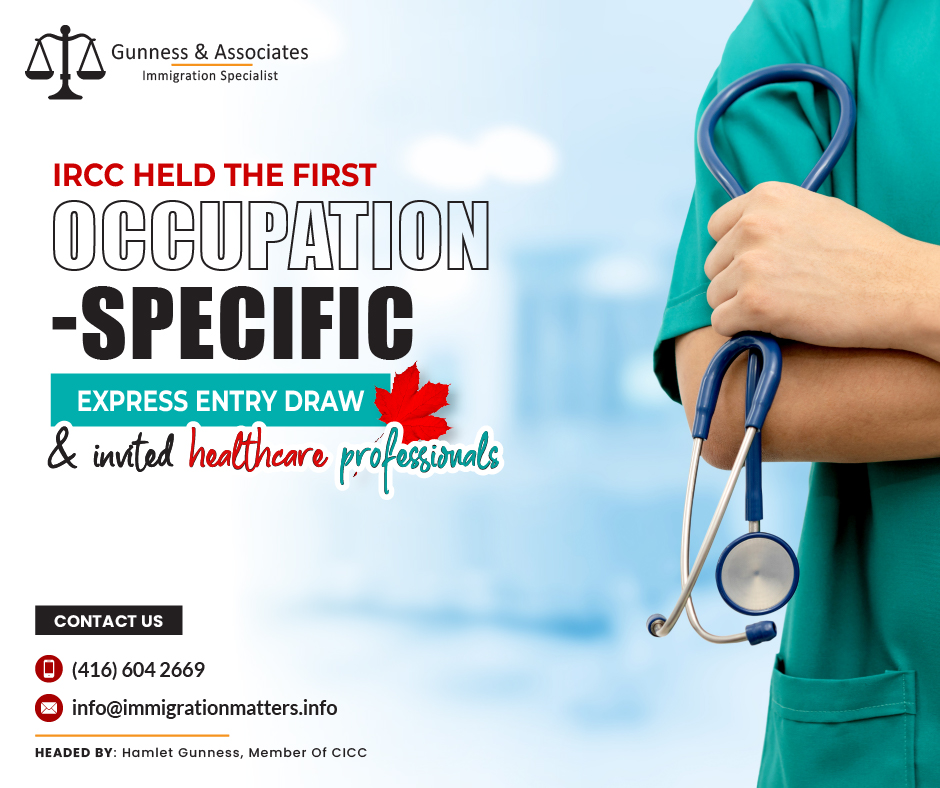 On June 28, 2023, Immigration, Refugees and Citizenship Canada (IRCC) held the first Category-Based Selection Express Entry draw and issued 500 Invitations to Apply (ITA) to candidates working in healthcare occupations. In round #252, the cut-off score was 476 points. The tie-breaking rule for this round was November 12, 2022, at 12:47:27 UTC. As of June 28, 2023, there were 220,003 profiles registered in the Express Entry pool. On July 5, 2023, IRCC will hold another occupation-specific Express Entry draw for healthcare workers. This year, Canada issued 59,548 ITAs through the Express Entry draws.Category-Based Selection and Healthcare OccupationsSince the six new categories were made public on May 31, this is the first Category-Based Selection Express Entry draw. Canada will be allowed to send invitations to apply (ITAs) to potential employees who have specific skills, training, or language ability due to category-based selections. This will make it easier to select candidates for permanent residence who have the most in-demand skills.The following categories have been selected for 2023:Science, Technology, Engineering, and Math (STEM) occupations
French-language proficiency.
Healthcare occupations.
Trade occupations.
Transport occupations.
Agriculture and agri-food occupations.Healthcare occupations have the most number of qualifying occupations among the six new categories:Audiologists and speech-language pathologists
Chiropractors
Dentists
Dieticians and nutritionists
Education counselors
General practitioners and family physicians
Instructors of persons with disabilities
Kinesiologists and other professional occupations in therapy and assessment
Licensed practical nurses
Massage therapists
Medical laboratory assistants and related technical occupations
Medical laboratory technologists
Medical radiation technologists
Medical sonographers
Nurse aides, orderlies, and patient service associates
Nurse practitioners
Nursing coordinators and supervisors
Occupational therapists
Optometrists
Other assisting occupations in support of health services
Other practitioners of natural healing
Other professional occupations in health diagnosing and treating
Other technical occupations in therapy and assessment
Paramedical occupations
Pharmacy technical assistants and pharmacy assistants
Physician assistants, midwives, and allied health professionals
Physiotherapists
Psychologists
Registered nurses and registered psychiatric nurses
Respiratory therapists, clinical perfusionists, and cardiopulmonary technologists
Specialists in clinical and laboratory medicine
Specialists in surgery
Therapists in counseling and related specialized therapies
Traditional Chinese medicine practitioners and acupuncturists
VeterinariansJoin our RSS Feed Want to know more details about “IRCC held the first occupation-specific Express Entry draw and invited healthcare professionals” you can contact one of our immigration specialists at Gunness & Associates.Tel: (416) 604-2669 Email: info@test.immigrationmatters.infoGunness & Associates has helped thousands of people successfully immigrate to Canada with their families. Our skilled and experienced immigration experts have the expertise to accurately examine your case and advise you on the best method of proceeding to best serve your needs.For honest and straightforward advice, contact the expertsat Gunness & AssociatesGet a free Assessment Join our newsletter and get up-to-date immigration news Click hereAll rights reserved ©2023 Gunness & Associates