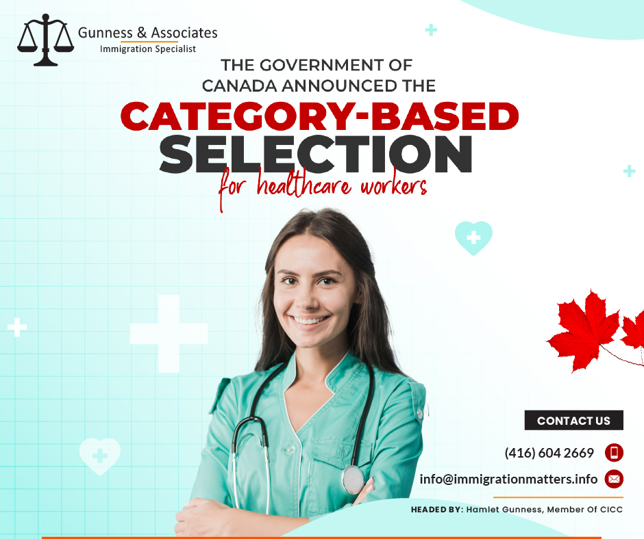 On June 28, 2023, the Canadian Government announced the category-based selection to invite skilled newcomers with work experience in healthcare to address this sector's severe labor market shortages. Statistics Canada reported an all-time high of 150,100 job vacancies in health and social assistance in the third quarter of 2022, with 38 of the 58 occupational groupings that faced shortages between 2019 and 2021 concentrated in health. Employment and Social Development Canada’s Canadian Occupational Projection System (COPS) predicts that health care will become the largest employing sector in Canada, with over 2.5 million workers by 2031.The use of these new features for a specific round of invitations to be sent to health workers, including doctors, nurses, dentists, pharmacists, physiotherapists, and optometrists, was announced on June 28, 2023, by the honorable Sean Fraser, Minister of Immigration, Refugees, and Citizenship, and the honorable Jean-Yves Duclos, Minister of Health. On June 28, the first round of category-based selection started and 500 healthcare workers were asked to submit. On July 5, 1,500 workers will be invited to apply in a second round. This phased strategy will guarantee the program's successful launch.This initiative will help increase access to healthcare services for Canadians and their families by focusing on applicants with experience in the industry and by bringing in the talent the nation needs. The first category-based selection rounds also promote Canada's commitment to welcoming qualified workers and professionals into communities all around the country. These category-based selection rounds will continue throughout the year in addition to general invitation rounds, and additional information will continue to be released in the following weeks.Express Entry Draws 2023Overview of the first round of category-based selection for healthcare workers On June 28, 2023, Immigration, Refugees and Citizenship Canada (IRCC) held the first occupation-specific Express Entry draw and issued 500 Invitations to Apply (ITA) to candidates working in healthcare occupations. In round #252, the cut-off score was 476 points. The tie-breaking rule for this round was November 12, 2022, at 12:47:27 UTC. As of June 28, 2023, there were 220,003 profiles registered in the Express Entry pool. On July 5, 2023, IRCC will hold another occupation-specific Express Entry draw for healthcare workers. This year, Canada issued 59,548 ITAs through the Express Entry draws.Join our RSS Feed Want to know more details about “The Government of Canada announced the category-based selection for healthcare workers” you can contact one of our immigration specialists at Gunness & Associates.Tel: (416) 604-2669 Email: info@test.immigrationmatters.infoGunness & Associates has helped thousands of people successfully immigrate to Canada with their families. Our skilled and experienced immigration experts have the expertise to accurately examine your case and advise you on the best method of proceeding to best serve your needs.For honest and straightforward advice, contact the expertsat Gunness & AssociatesGet a free Assessment Join our newsletter and get up-to-date immigration news Click hereAll rights reserved ©2023 Gunness & Associates