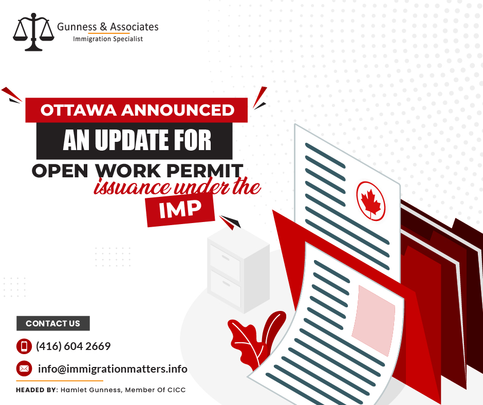 On July 13, 2023, the Government of Canada published a new program delivery update for work permit issuance under the International Mobility Program (IMP). Starting July 13, 2023, family members of students working on campus under the authority of R186(f) or with a co-op work permit (code C32 or C33) will not be eligible for a spousal open work permit. Immigration, Refugees and Citizenship Canada (IRCC) officers will issue open work permits under administrative code C49 to only family members of principal applicants who applied for permanent residence. Depending on the principal applicants’ employment, family members who are potential permanent resident applicants can apply for an open work permit under C41/C46 or C46/C49.What is an open work permit?A work permit that is open is one that is not position-specific. You won't need the following when you apply for your work visa because it is not job-specific:an Employment and Social Development Canada assessment of the impact of the labor market
evidence that an employer has used the Employer Portal to make an offer of employment and paid the employer compliance feeThe open work permit holder charge is usually paid at the same time as the work permit fee.What is the International Mobility Program (IMP)? Without submitting a Labour Market Impact Assessment (LMIA), a business may hire a temporary employee under the International Mobility Program. Employers must typically submit an offer of employment via the Employer Portal.The temporary foreign worker must apply for a work permit after the employers submit the job offer via the employer portal. All workers' rights in Canada, including those of temporary foreign workers, are lawfully guaranteed. You have the same rights and workplace protections as Canadians and permanent residents if you are a temporary foreign worker.What are the eligibility requirements for the co-op work permit?Work experience is required as part of the curriculum in some study programs. If you meet all of the following requirements, you can apply for a co-op or intern work permit:You have a current study permit.
In order to complete your study program in Canada, you must work.
You have a letter from your institution confirming that all students in your program must complete work placements in order to get a degree.
Your co-op or internship should account for 50% or less of your overall academic time.Join our RSS Feed Want to know more details about “Ottawa announced an update for open work permit issuance under the IMP” you can contact one of our immigration specialists at Gunness & Associates.Tel: (416) 604-2669 Email: info@test.immigrationmatters.infoGunness & Associates has helped thousands of people successfully immigrate to Canada with their families. Our skilled and experienced immigration experts have the expertise to accurately examine your case and advise you on the best method of proceeding to best serve your needs.For honest and straightforward advice, contact the expertsat Gunness & AssociatesGet a free Assessment Join our newsletter and get up-to-date immigration news Click hereAll rights reserved ©2023 Gunness & Associates