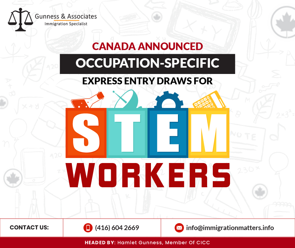 On June 28, 2023, the Government of Canada announced occupation-specific Express Entry draws for STEM workers. By prioritizing skilled newcomers in these fields, Canada aims to fill key positions and meet the demand for talent, boosting the nation's economic growth and technological advancement. The first STEM round for category-based selection opens the week of July 5, targeting: data scientists,
software developers and programmers,
mathematicians,
statisticians,
actuaries, and
electrical and electronics engineers. This announcement reinforces Canada's commitment to attracting global talent and solidifying its position in research, development, and innovation. The Government of Canada will continue to hold category-based selection rounds throughout the year.About STEM workers in the new selection category under Express Entry On May 31, 2023, the Government of Canada launched a category-based selection for Express Entry, allowing IRCC to invite prospective permanent residents with specific skills, training, or language ability. This year, invitations will focus on candidates with strong French language proficiency or experience in: healthcare,
STEM professions,
trades,
transport,
agriculture, and
agri-food. Category-based selection supports Canada's commitment to welcoming skilled workers into communities nationwide. Click here to complete details about the Express Entry Category base selection. Full List of STEM Occupations to be TargetedThe complete list of Science, Technology, Engineering, and Math (STEM) occupations with NOC codes and TEER category are listed in the table below:OccupationsNOC codeTEER categoryArchitects212001Architecture and science managers200110Business systems specialists212211Civil Engineers213001Computer and information systems managers200120Computer engineers (except software engineers and designers)213111Computer systems developers and programmers212301Cybersecurity specialists212201Data scientists212111Database analysts and data administrators212231Electrical and electronics engineers213101Engineering managers200100Industrial and manufacturing engineers213211Information systems specialists212221Land surveyors212031Landscape Architects212011Mathematicians, statisticians, and actuaries212101Metallurgical and materials engineers213221Natural and applied science policy researchers, consultants, and program officers414001Software developers and programmers212321Software engineers and designers212311Urban and land use planners212021Web designers212331Web developers and programmers212341Join our RSS Feed Want to know more details about “Canada announced occupation-specific Express Entry draws for STEM workers” you can contact one of our immigration specialists at Gunness & Associates.Tel: (416) 604-2669 Email: info@test.immigrationmatters.infoGunness & Associates has helped thousands of people successfully immigrate to Canada with their families. Our skilled and experienced immigration experts have the expertise to accurately examine your case and advise you on the best method of proceeding to best serve your needs.For honest and straightforward advice, contact the expertsat Gunness & AssociatesGet a free Assessment Join our newsletter and get up-to-date immigration news Click hereAll rights reserved ©2023 Gunness & Associates