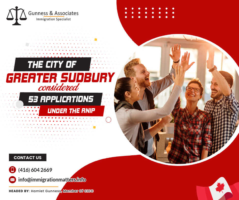 On June 28, 2023, the City of Greater Sudbury held a new round of invitations for the Rural and Northern Immigration Pilot (RNIP draw). In this round, Sudbury considered 53 candidates. The lowest score of these draws was 250 points, ten points lower than in the previous draw. Last year, Sudbury invited a total of 154 applicants. Since the program's launch, the city has recommended at least 346 individuals under the RNIP. So far, the city has considered 176 candidates in 2023.About Rural and Northern Immigration Pilot (RNIP)The Rural and Northern Immigration Pilot is an initiative driven by the local community. By providing a pathway to permanent residency for highly talented foreign workers who want to live and work in one of the participating communities, it aims to expand the advantages of economic immigration to smaller areas.What are participating communities of RNIP?Participating communities in RNIP are:North Bay, ON
Sudbury, ON
Timmins, ON
Sault Ste. Marie, ON
Thunder Bay, ON
Brandon, MB
Altona/Rhineland, MB
Moose Jaw, SK
Claresholm, AB
Vernon, BC
West Kootenay (Trail, Castlegar, Rossland, Nelson), BCJoin our RSS Feed Want to know more details about “The City of Greater Sudbury considered 53 applications under the RNIP” you can contact one of our immigration specialists at Gunness & Associates.Tel: (416) 604-2669 Email: info@test.immigrationmatters.infoGunness & Associates has helped thousands of people successfully immigrate to Canada with their families. Our skilled and experienced immigration experts have the expertise to accurately examine your case and advise you on the best method of proceeding to best serve your needs.For honest and straightforward advice, contact the expertsat Gunness & AssociatesGet a free Assessment Join our newsletter and get up-to-date immigration news Click hereAll rights reserved ©2023 Gunness & Associates
