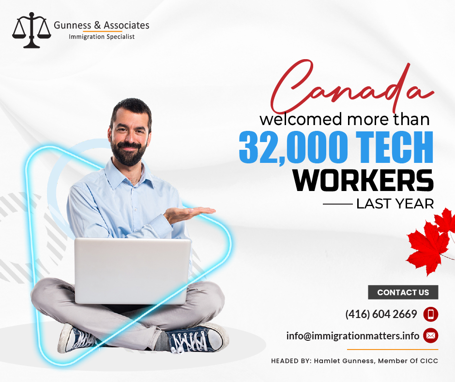 Canada's technology sector is experiencing significant growth, as evidenced by the 32,115 tech workers who immigrated in the past year. The Technology Councils of North America (TECNA) and Canada’s Tech Network (CTN) report on Tech Workforce Trends shows that this is partly due to the country's immigration policies and cost advantages, which attract highly-skilled workers from across the globe. Ontario saw the most significant increase in tech workers, while smaller provinces such as Saskatchewan, Newfoundland, and Labrador experienced the most rapid growth. Understanding migration trends is crucial to supporting the tech ecosystem and filling the gap in Tech Workforce for available jobs.The largest increase in Tech Workforce over the past year has been in Windsor, ON (28%), followed by Timmins, ON, and Cape Breton, NS.The report states that this "is reflective of broader workforce trends, with largely remote Tech Workforce moving away from major metropolitan areas toward more rural locations."As the report also adds that, businesses with 1,000 or more employees require a large number of workers in the technology sector, and prior to the pandemic, Tech Workforce had relocated geographically to work for those employers. That dynamic was changed when the COVID-19 epidemic started. Due to the shift in the way the tech workforce operates from an office setting to more remote work, people are leaving major tech centers while companies are increasingly recruiting workers in the other direction. There has been much speculation regarding where these workers have gone, but no solid data is available as of yet.Immigration Minister announced Canada's new Tech Talent Strategy 2023On June 27, 2023, Sean Fraser, Minister of Immigration, Refugees and Citizenship Canada (IRCC), launched Canada's first-ever Tech Talent Strategy at Collision 2023. The strategy aims to help businesses in Canada compete by attracting highly skilled workers in in-demand occupations and promoting Canada as a destination for digital nomads. The strategy includes: creating an open work permit stream for H-1B visa holders, 
expanding the Innovation Stream under the International Mobility Program, 
improving the Start-up Visa Program, and increasing spots for applicants 
a return to the Global Skills Strategy's 14-day service requirement for work permits, 
promoting Canada as a place for digital nomads to live, 
the establishment of a STEM-specific draw as part of category-based selection to send out more invitations to apply through the Express Entry programThe government will prioritize applications supported by venture capital, angel investor groups, and business incubators. The goal is to attract the skills and business talent needed to create jobs for the future. Click here to read more about Canada’s new tech talent strategy detailsTop Net Migration of Tech Workers by Country
India (15,097 workers)
Nigeria (1,808 workers)
Brazil (1,675 workers)
Ukraine (1,207 workers)
Philippines (1,129 workers)
Iran (1,046 workers)
France (935 workers)
UAE (744 workers)
Hong Kong SAR (715 workers)
Pakistan (588 workers)
Workers in the Tech Sector in Canada, by Province and Territories
Saskatchewan (16.3%)
Newfoundland and Labrador (16.3%)
Manitoba (15.4%)
Nova Scotia (14.3%)
Alberta (14.3%)
Ontario (13.7%)
New Brunswick (12.9%)
British Columbia (12.3%)
Yukon (12.2%)
Prince Edward Island (11.7%)
Quebec (11.7%)
Northwest Territories (9.4%)
Nunavut (6.5%)
Workers in the Tech Sector in Canada by Cities 
Mississauga, Ontario (1,900 tech workers)
Montreal, Quebec (959 tech workers)
Waterloo, Ontario, Canada (633 tech workers)
Windsor, Ontario, Canada (557 tech workers)
Ottawa, Ontario, Canada (525 tech workers)
Vancouver, British Columbia, Canada (456 tech workers)
Kitchener, Ontario, Canada (437 tech workers)
London, Ontario, Canada (418 tech workers)
Hamilton, Ontario, Canada (363 tech workers)
Calgary, Alberta, Canada (331 tech workers)Join our RSS Feed Want to know more details about “Canada welcomed More than 32,000 tech workers last year” you can contact one of our immigration specialists at  Gunness & Associates.Tel: (416) 604-2669 Email: info@test.immigrationmatters.infoGunness & Associates has helped thousands of people successfully immigrate to Canada with their families. Our skilled and experienced immigration experts have the expertise to accurately examine your case and advise you on the best method of proceeding to best serve your needs.For honest and straightforward advice, contact the expertsat Gunness & AssociatesGet a free Assessment Join our newsletter and get up-to-date immigration news Click hereAll rights reserved ©2023 Gunness & Associates