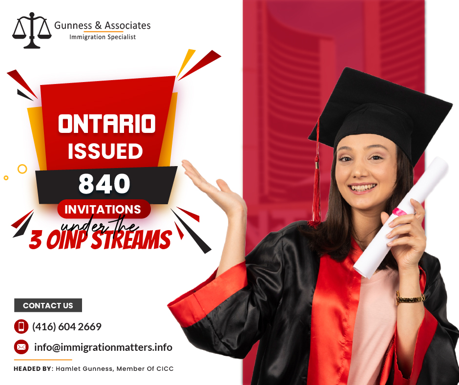 On August 1, 2023, the Government of Ontario invited candidates through three OINP streams. The province issued 755 invitations to apply (ITAs) for the Master's Graduate stream and 84 ITAs for the PhD Graduate Stream. The minimum scores for these draws were 48 points and 39 points, respectively. In addition, the province invited one candidate in the targeted draw for the federal Economic Mobility Pathways Project under the OINP’s Foreign Worker stream. So far, Ontario has issued invitations to 22,953 candidates under all streams in 2023.Overview of invitations under the three OINP Streams In the table below you can find an overview of the 840 invitations under the three OINP Streams. In all these streams The Master's Graduate Stream has received the most OINP invites to apply so far in 2023, making it the most popular stream overall.OINP StreamsInvitationsProfiles createdScore DescriptionsMasters Graduate Stream755November 22, 2022 – August 1, 202348 and aboveGeneral DrawPh.D. Graduate Stream84November 22, 2022 – August 1, 202339 and aboveGeneral DrawEmployer Job Offer: Foreign Worker stream1November 22, 2022 – August 1, 202336 and aboveTargeted draw for Economic Mobility Pathways.The invited profiles in this OINP draw now have 14 days to submit their provincial PR applications.OINP Draws 2023 are detailed listed: Click here!How long is the application processing time for OINP in 2023?Ontario updated the average application processing times for the OINP on July 25, 2023, Ontario updated the average processing time in the Ontario Immigrant Nominee Program (OINP). Currently, the processing times for Ontario’s Express Entry Human Capital Priorities Stream and Express Entry Skilled Trades Stream is 70-100 days. Processing times for Ontario’s Express Entry French-Speaking Skilled Worker Stream, Master’s Graduates and Ph.D. Graduates Streams, Employer Job Offer: In-Demand Skills Stream, Employer Job Offer: Foreign Worker, and Employer Job Offer: International Student Stream is 90-120 days. The processing time for Ontario’s Expression of Interest (EOI) Assessment in the Entrepreneur Stream still requires less than 30 days, and the application processing depends on the complexity of the business nomination application.Join our RSS Feed Want to know more details about “Ontario issued 840 invitations under the Three OINP streams” you can contact one of our immigration specialists at Gunness & Associates.Tel: (416) 604-2669 Email: info@test.immigrationmatters.infoGunness & Associates has helped thousands of people successfully immigrate to Canada with their families. Our skilled and experienced immigration experts have the expertise to accurately examine your case and advise you on the best method of proceeding to best serve your needs.For honest and straightforward advice, contact the expertsat Gunness & AssociatesGet a free Assessment Join our newsletter and get up-to-date immigration news Click hereAll rights reserved ©2023 Gunness & Associates