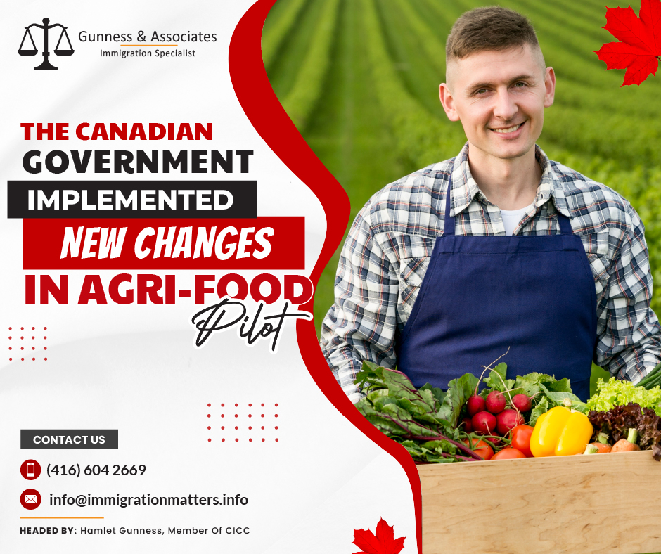 On August 18, 2023, the Government of Canada implemented two changes to the Agri-Food Pilot (AFP), providing more opportunities for workers and their families to apply for permanent residency. First, family members of all AFP participants can now apply for open work permits. Second, Canada started accepting union reference letters instead of employer reference letters to confirm an applicant’s work experience. How to qualify for Agri-Food Pilot?The AFP launched as a 3-year pilot in 2020, was extended until May 14, 2025. To qualify for permanent residency, applicants need Canadian work experience in eligible industries and occupations, a full-time, non-seasonal job offer from a Canadian employer in an eligible sector and occupation (outside Quebec), language and educational requirements, and settlement funds (if applicable).About the Agri-Food Pilot The Agri-Food Pilot assists in meeting the labour requirements of the Canadian agri-food sector. The Agri-Food Immigration Pilot Program intends to help the agricultural industry fill labour shortages. The pilot program offers experienced, non-seasonal workers in particular industries and occupations a path to permanent residence.What are the Eligible occupations under the Agri-Food Pilot? The National Occupational Classification (NOC) code is used to classify occupations. Each eligible industry's eligible occupations are:NOC 63201 - Butchers - retail and wholesale
NOC 65202 - Meat cutters and fishmongers - retail and wholesale
NOC 94141 - Industrial butchers and meat cutters, poultry preparers and related workers
NOC 82030 - Agricultural service contractors and farm supervisors
NOC 84120 - Specialized livestock workers and farm machinery operators
NOC 85100 - Livestock labourers
NOC 95106 - Labourers in food and beverage processing
NOC 82030 - Agricultural service contractors and farm supervisors
NOC 84120 - Specialized livestock workers and farm machinery operators
NOC 85100 - Livestock labourers
NOC 85101 - Harvesting labourers
NOC 82030 - Agricultural service contractors and farm supervisors
NOC 84120 - Specialized livestock workers and farm machinery operators
NOC 85100 - Livestock labourers
NOC 85101 - Harvesting labourersJoin our RSS Feed Want to know more details about “The Canadian Government implemented new changes in Agri-Food Pilot” you can contact one of our immigration specialists at  Gunness & Associates.Tel: (416) 604-2669 Email: info@test.immigrationmatters.infoGunness & Associates has helped thousands of people successfully immigrate to Canada with their families. Our skilled and experienced immigration experts have the expertise to accurately examine your case and advise you on the best method of proceeding to best serve your needs.For honest and straightforward advice, contact the expertsat Gunness & AssociatesGet a free Assessment Join our newsletter and get up-to-date immigration news Click hereAll rights reserved ©2023 Gunness & Associates